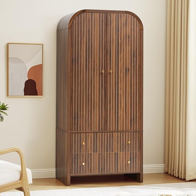 Arched Armoire Wardrobe Closet with Hanging Rod & 2 Drawers