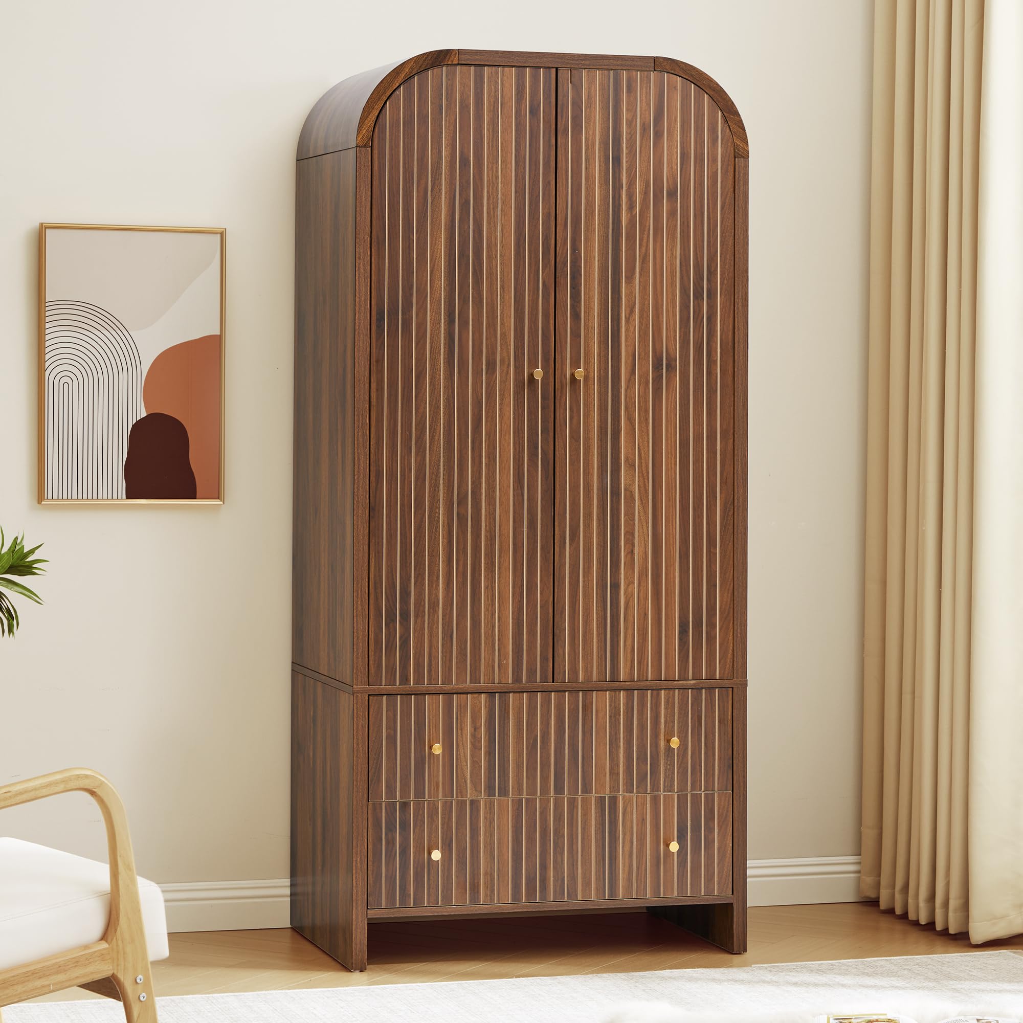 Arched Armoire Wardrobe Closet with Hanging Rod & 2 Drawers
