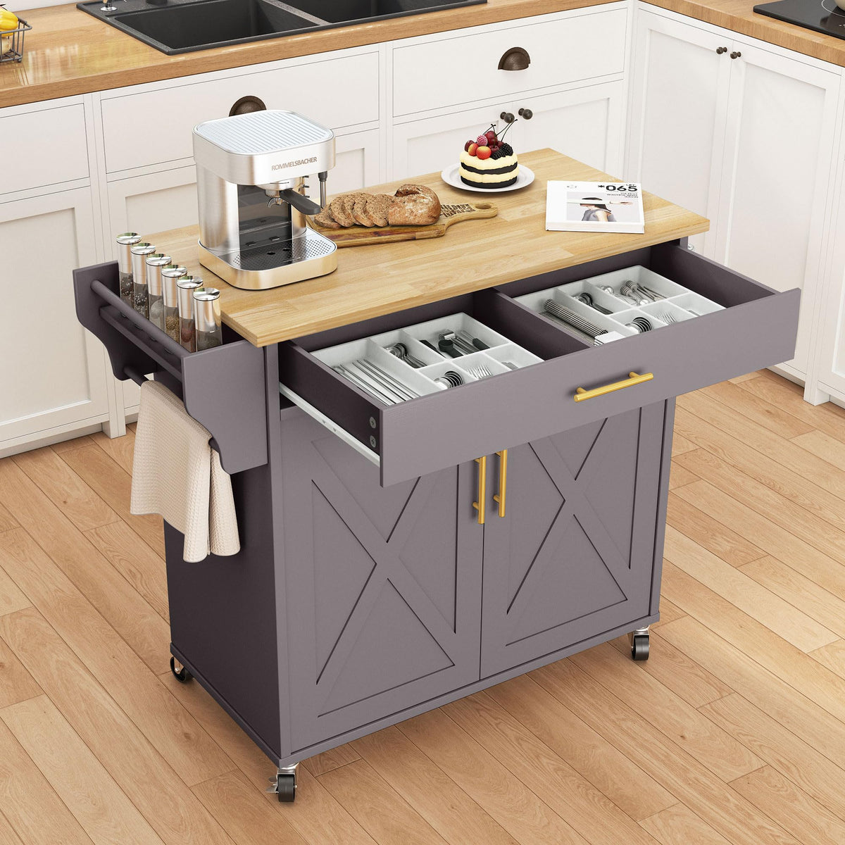 Pingliang Rolling Kitchen Island with Storage, 34.7'' Solid Wood Top, Grey
