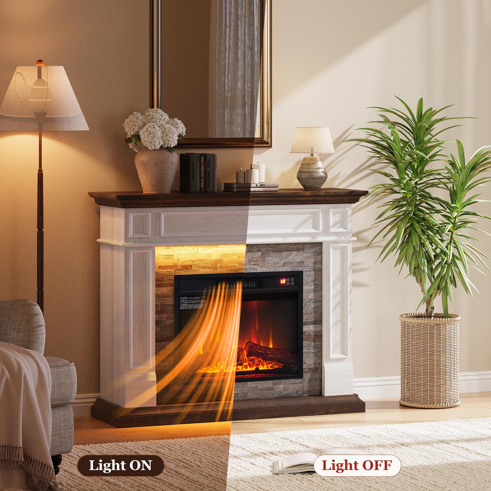 44 Inch Electric Fireplace Mantel with LED Farmhouse TV Stand, Stacked Stone Surround, 23" Insert, Freestanding Entertainment Center, 3D Flame Heater for Living Room, Bedroom, White & Brown