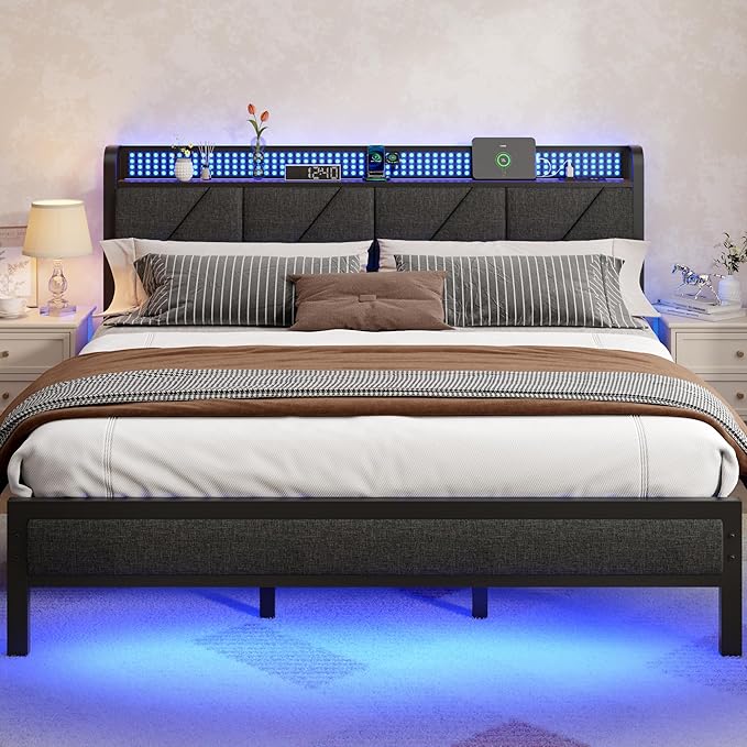 Platform Bed Frame with LED Headboard & Charging Station