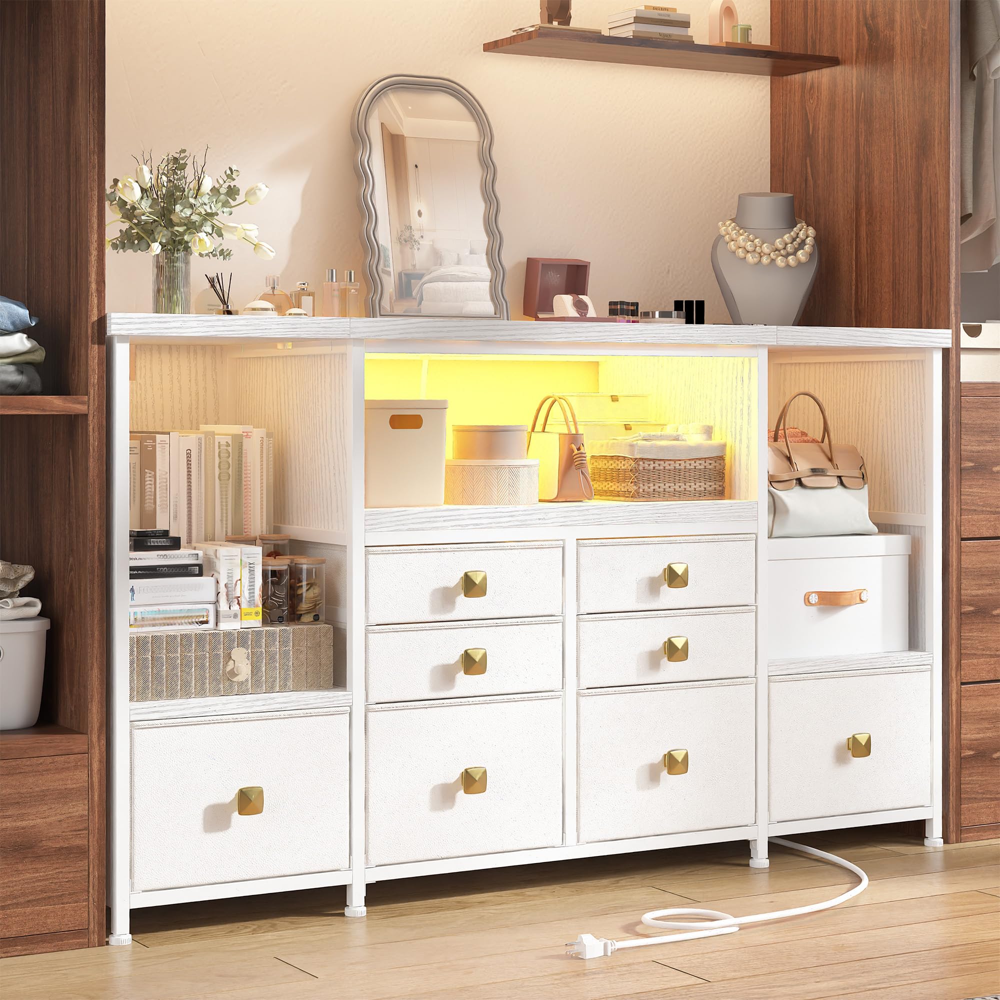 Dresser for Bedroom with 8 Fabric Drawers & 17.5''H Semi-Open Wooden Shelf,TV stand with LED Lights & Charging Station,Sturdy Steel Frame & Wood Top,Storage Cabinet for Hallway,Living Room,White