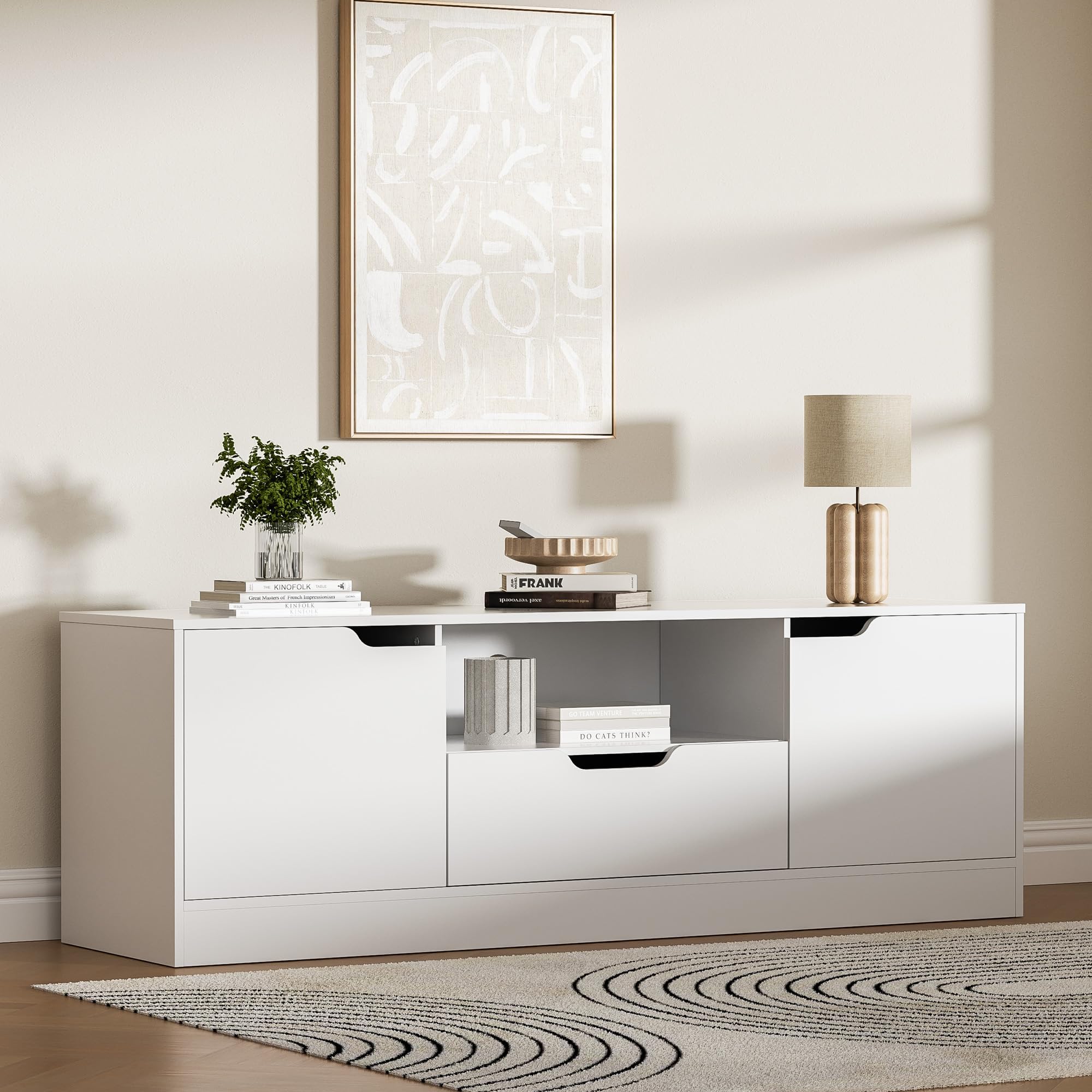 Housoul TV Stand for 55/60/65 Inch TV, Entertainment Center with 2 Doors & Drawer, Media TV Console Table with Storage Cabinet for Living Room, Bedroom, White