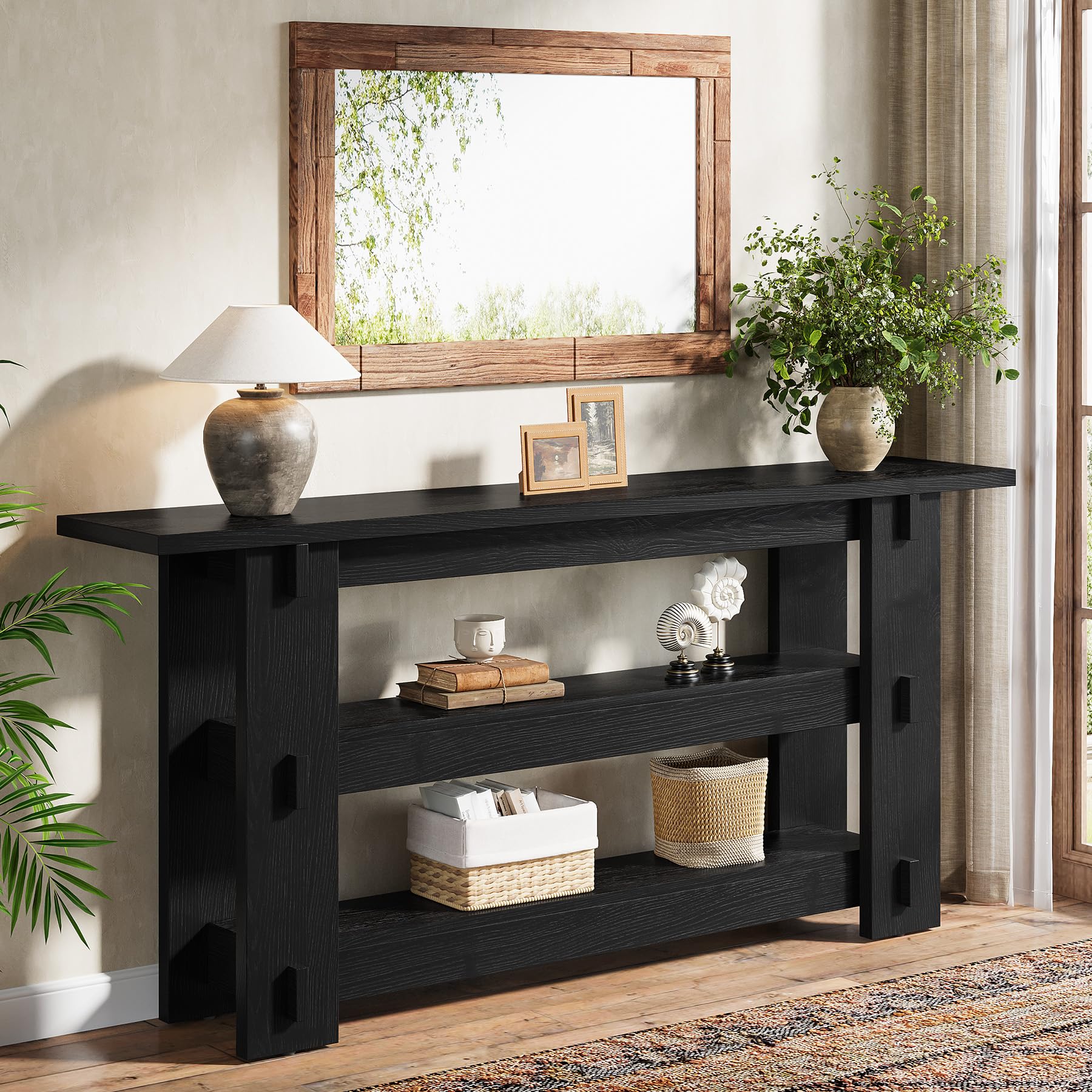 TRIBEWOOD 63-Inch Solid Wood Console Table, Farmhouse Sofa Table Behind Couch with Storage Shelves, Entryway Furniture for Living Room, Hallway, Foyer, Black