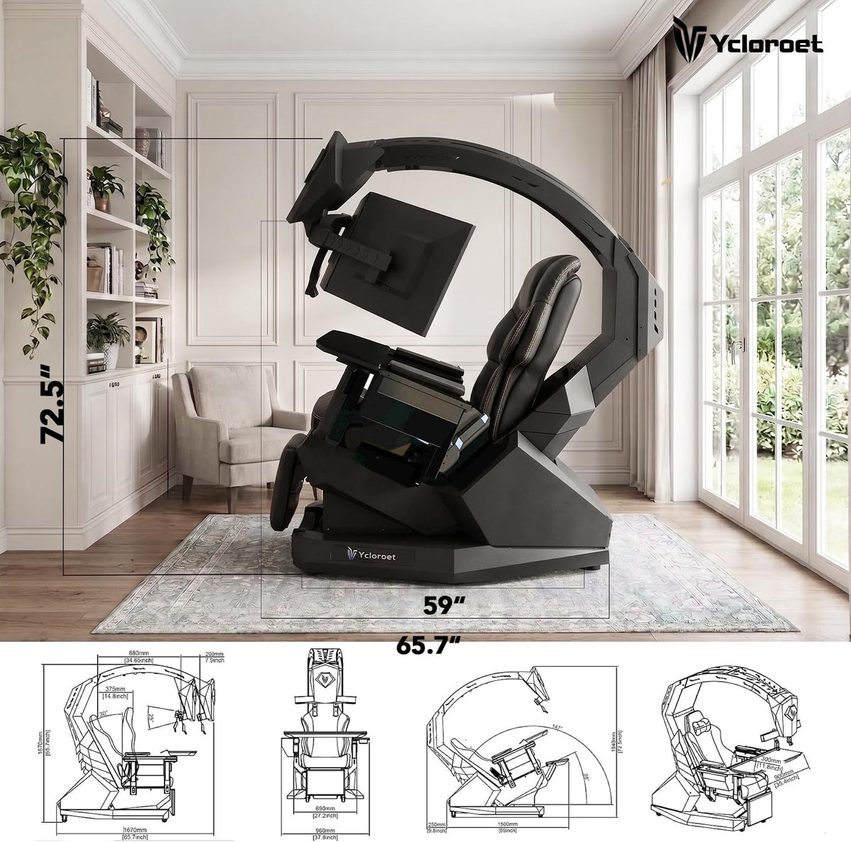 Ycloroet T2 Zero Gravity Leather Massage Chair - Ergonomic Gaming/Office Cockpit, 160° Recline, 3-Screen/49-inch Ultra-Wide Monitor Compatible