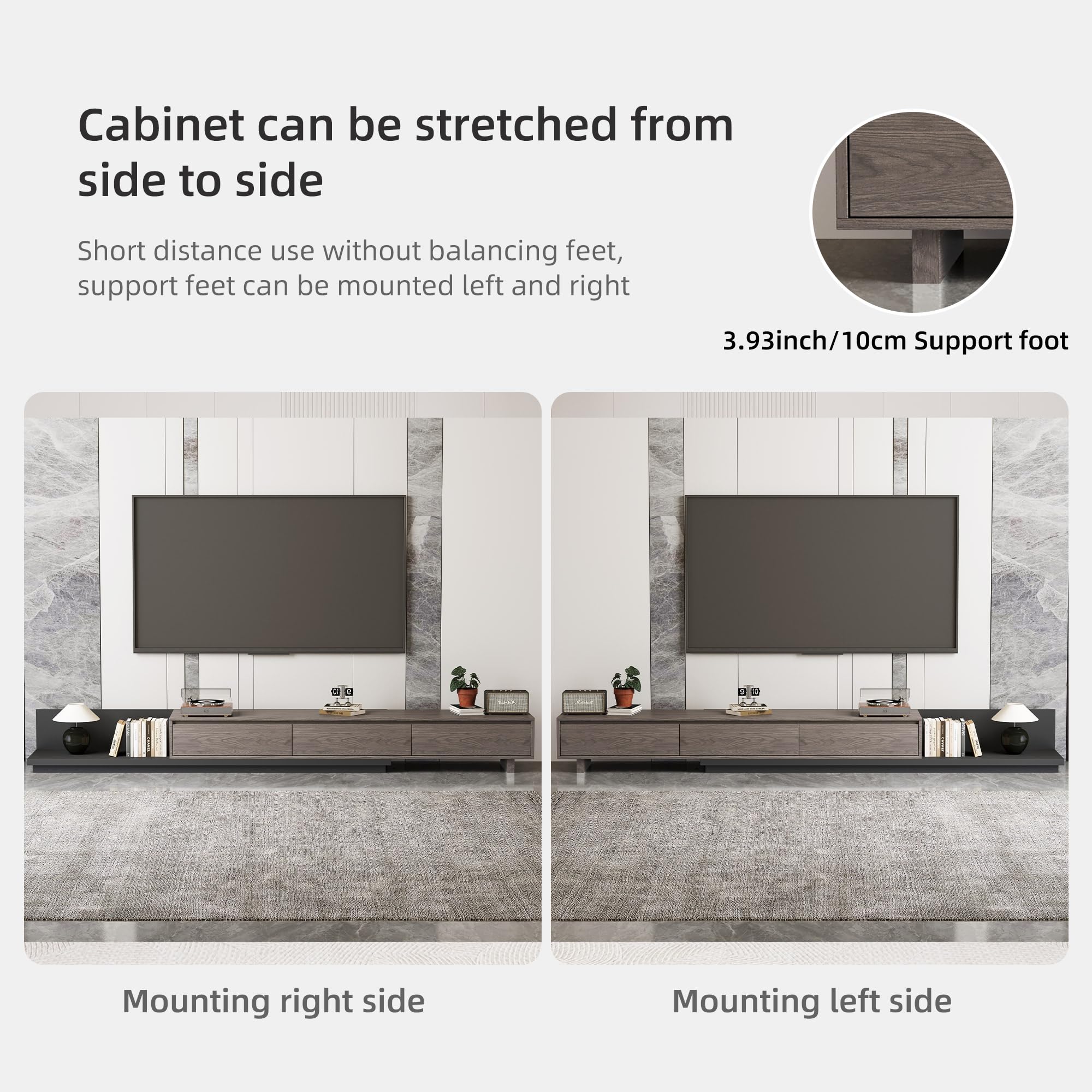 gaoyangjiaju Mid-Century Modern Extendable TV Stand with Ample Storage for Living Room – Adjustable TV Cabinet from 78.7" to 130", 3-Drawer Entertainment Center, Black Walnut