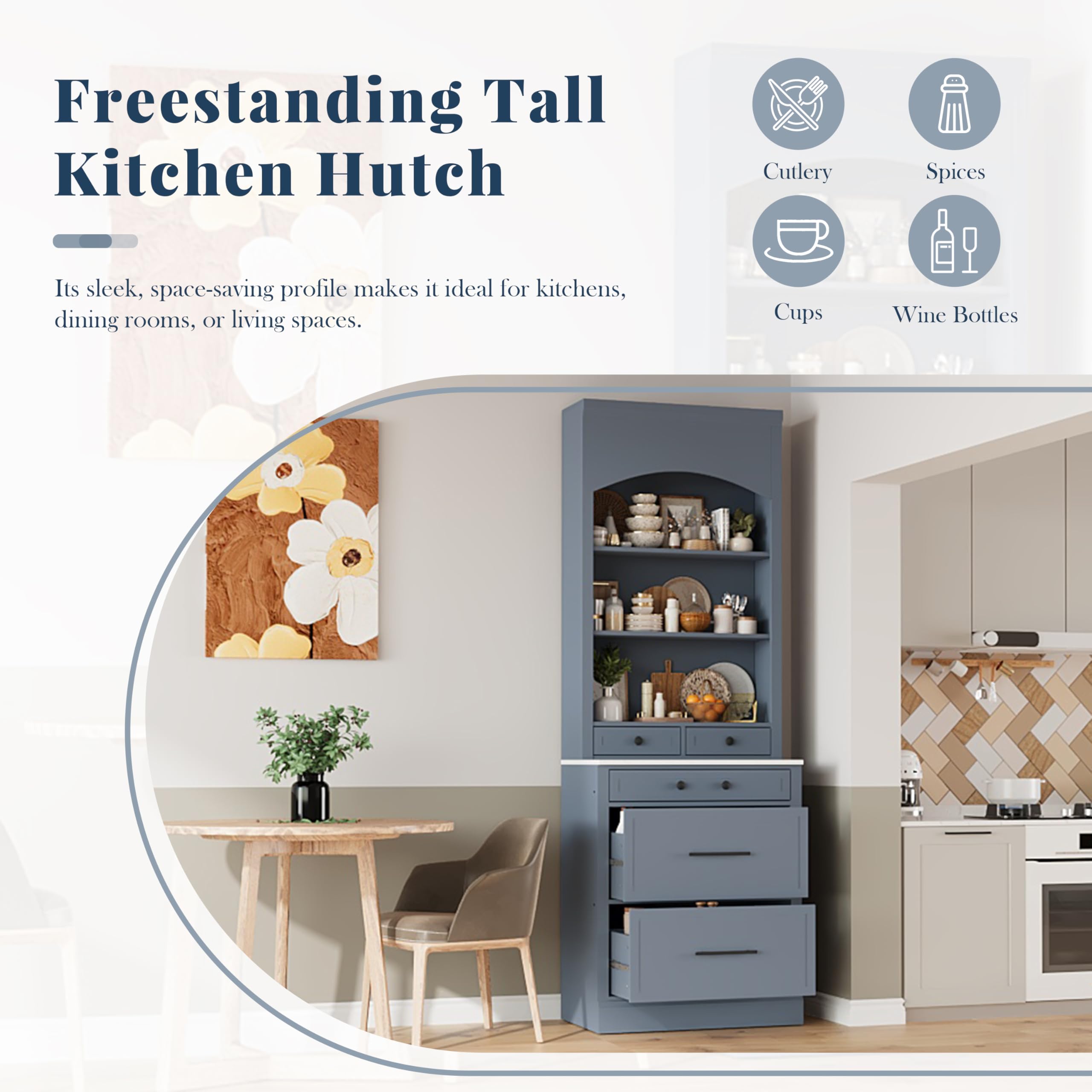 Merax Modern 83.7inch Freestanding Kitchen Hutch with Faux Marble Top, Kitchen Pantry with 5 Storage Drawers and Adjustable Shelf, Set of 2, Gray