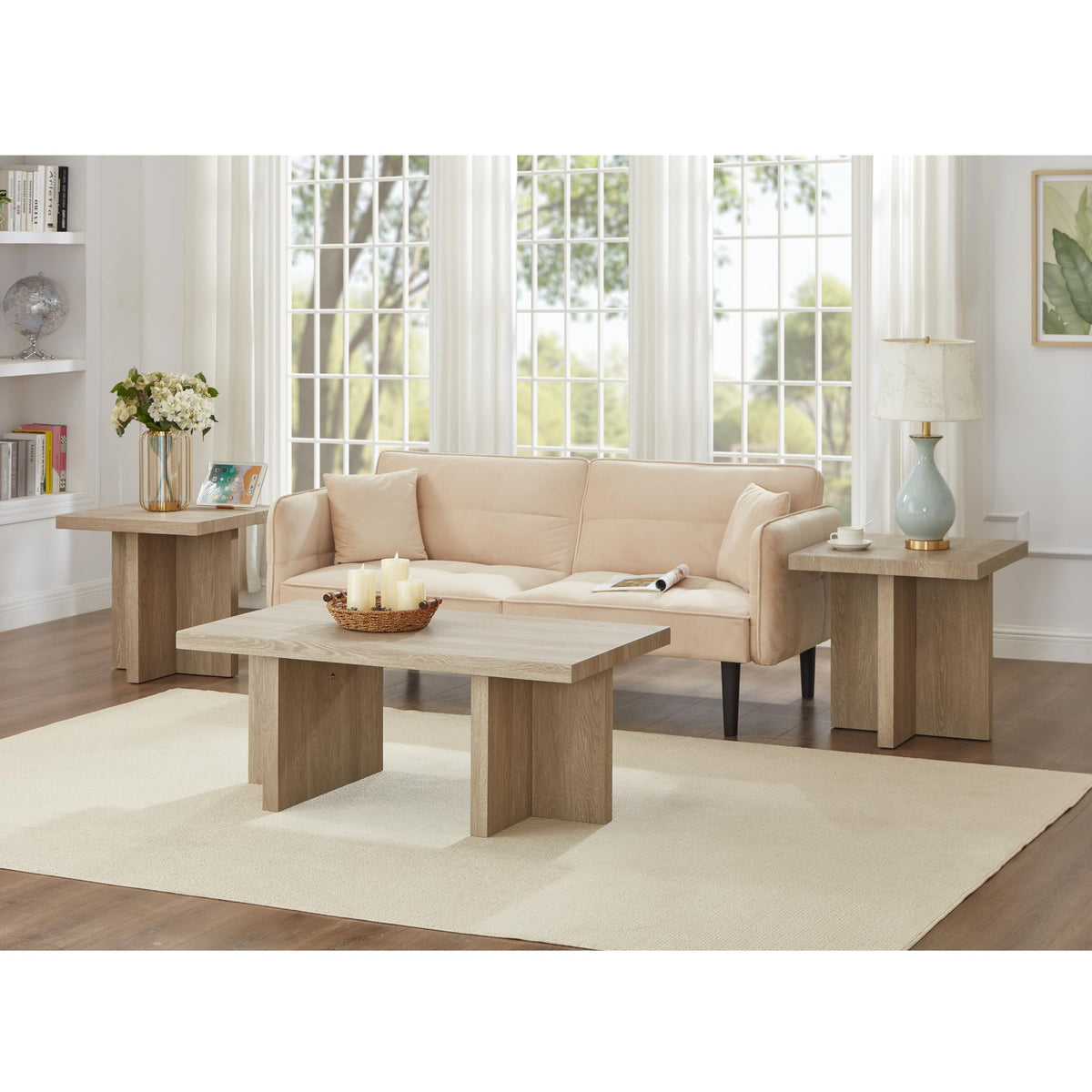 Roundhill Furniture Mchome 3-Piece Coffee Table Set, Coffee Table and Two End Tables, Oak Finish