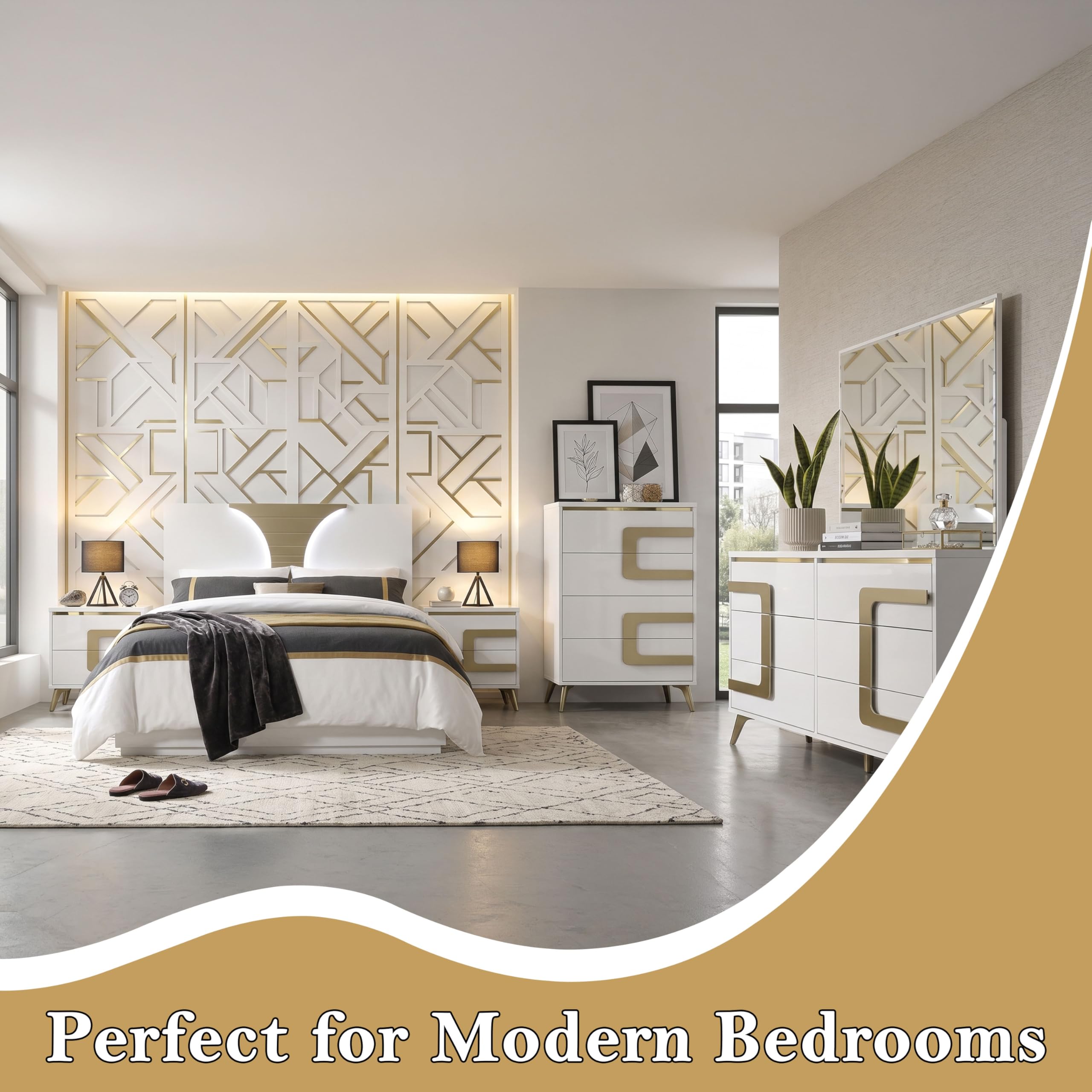 Claire 6-Piece Bedroom Set with LED Headboard – White & Gold