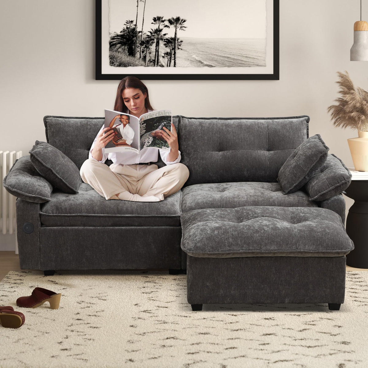 Consofa 89'' L Shaped Modern Sofa Modular Sectional Cloud Couch with Ottoman, Comfy Chenille Deep Seat Sofa with Throw Pillows/USB, 2 Seater Couch for Living Room for Living Room, Office and Apartment