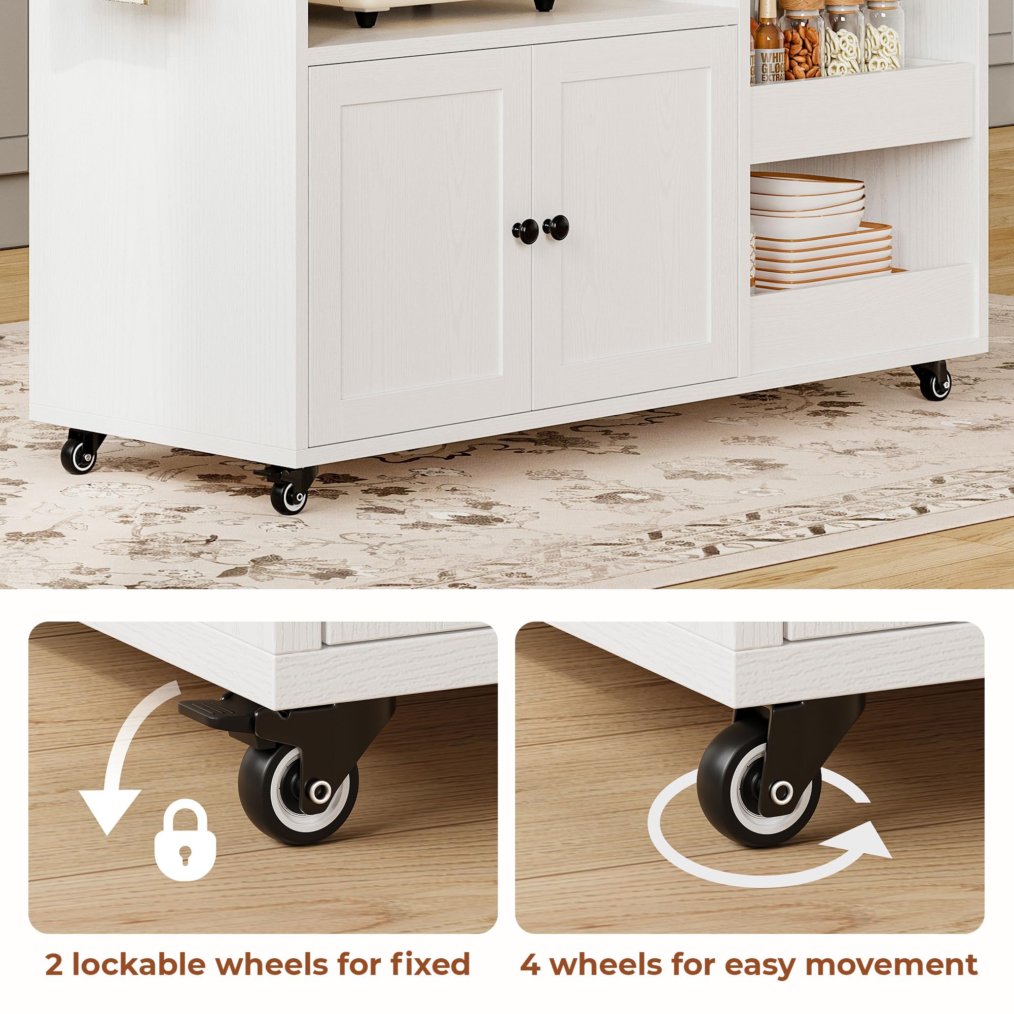 LIKIMIO Kitchen Island with Drop Leaf, Rolling Kitchen Island Cart on Wheels with Storage, Microwave Cart with Pull Out Open Shelves and Drawer, Mobile Kitchen Storage Islands, White
