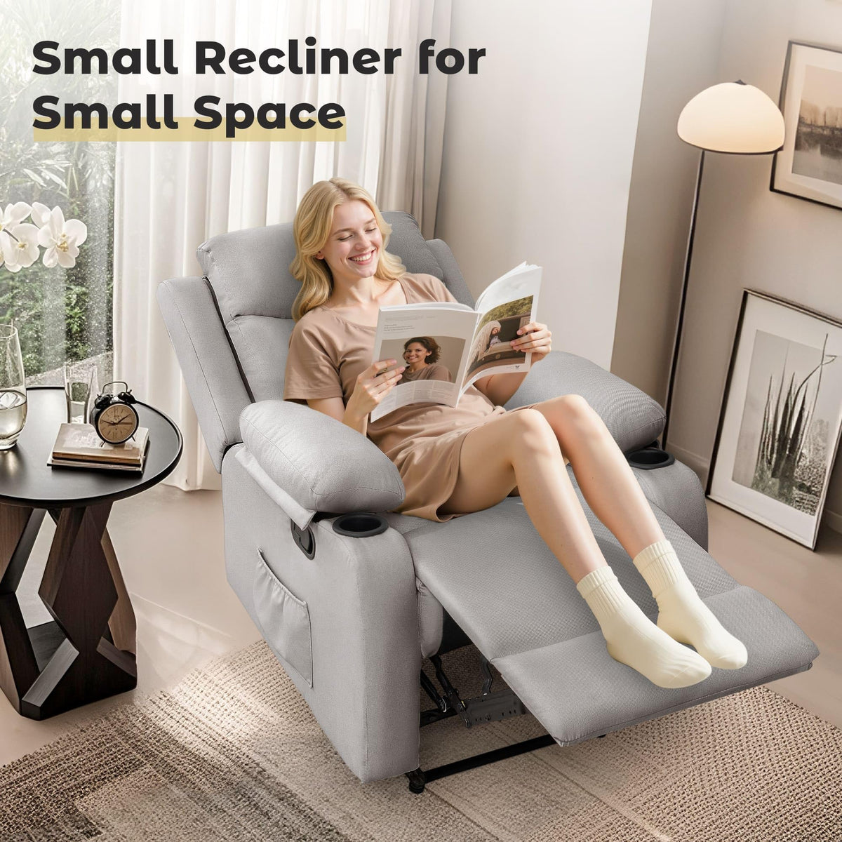 Korser Recliner Chair, Small Recliners for Small Spaces, Reclining Chair, Manual Recliner with Cup Holders and Side Pockets, Chairs for Living Room, Bedroom, Nursery, Khaki