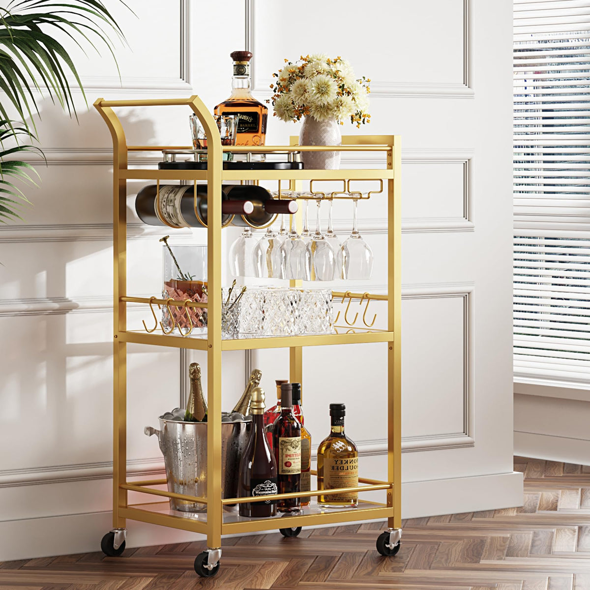 TUTOTAK Gold Bar Cart with 3 Mirrored Shelves, Wine Rack & Glass Holder