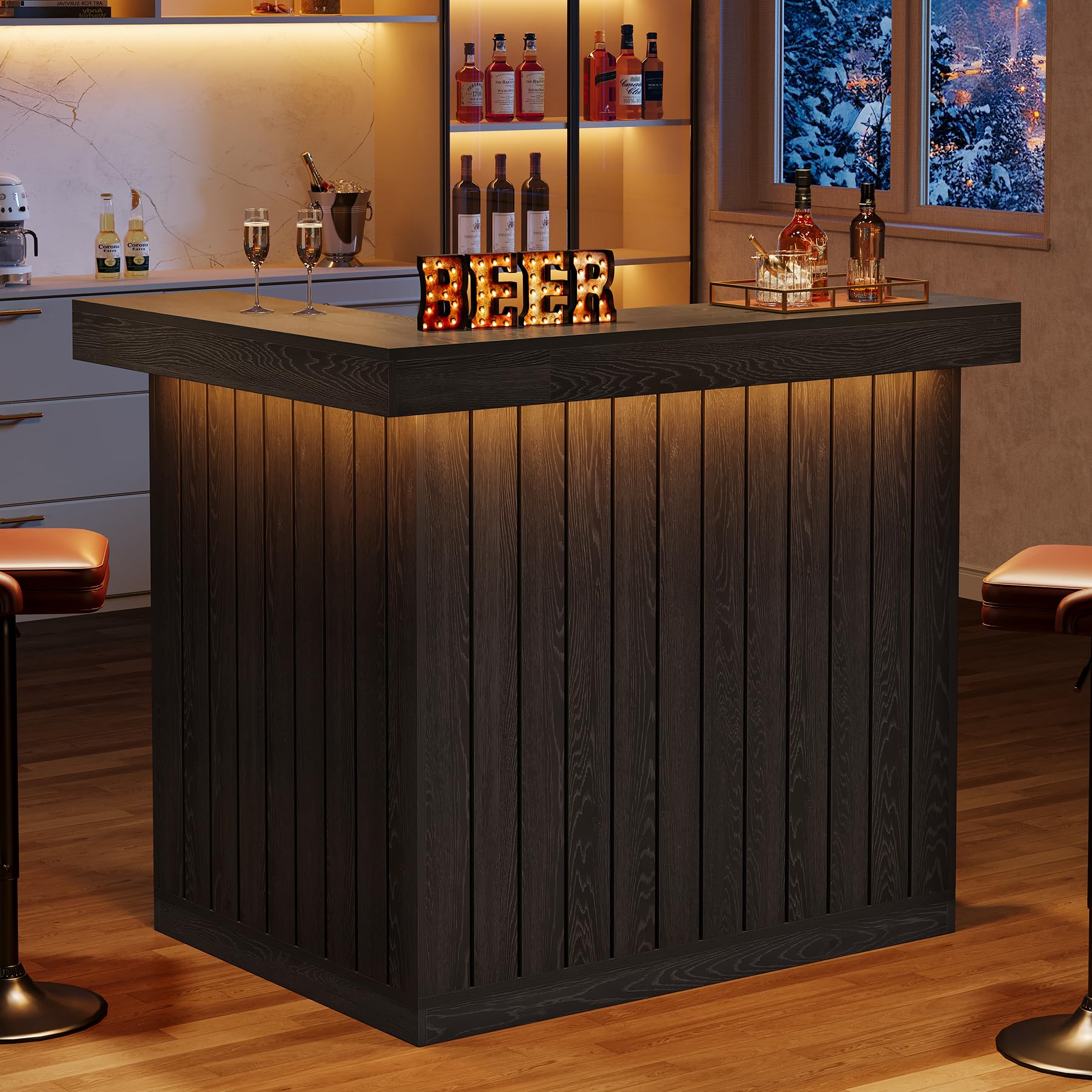 Tribesigns L Shaped Bar Table, 4-Tier Home Bar Unit with Wine Glasses Holders, Farmhouse Counter Height Pub Table with Storage Shelves, Corner Wine Table for Basement, Living Room (2, Black)