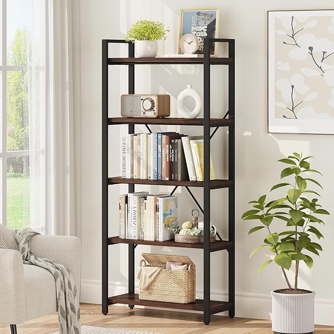 5-Tier Industrial Bookshelf with Metal Frame