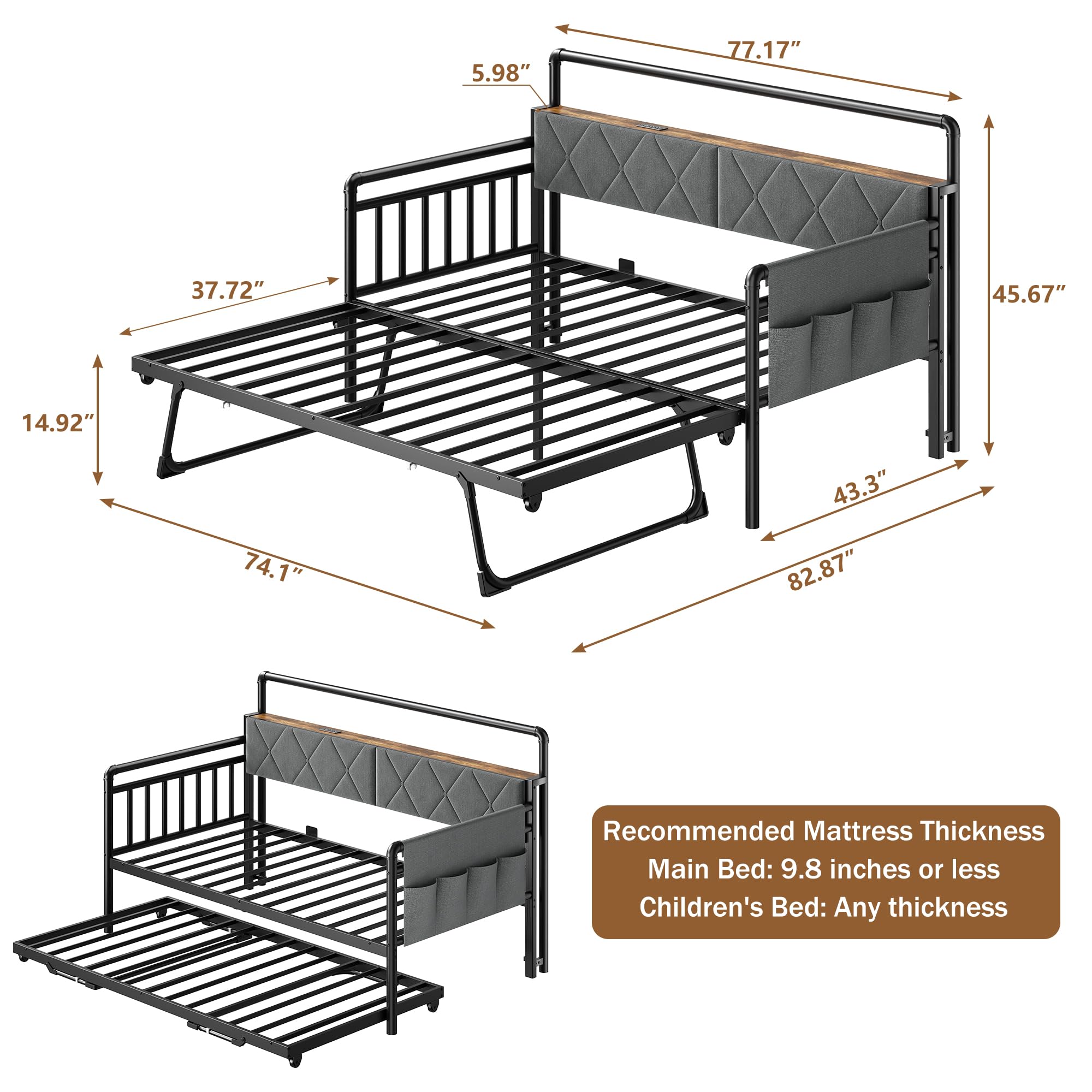 Hretanant Daybed with Trundle Bed, Twin Bed Frame with LED Light, Storage Headboard with Charging Station, Strong Metal Frame, Sofa Day Bed for Living Room, Bedroom, Guest Room, Grey