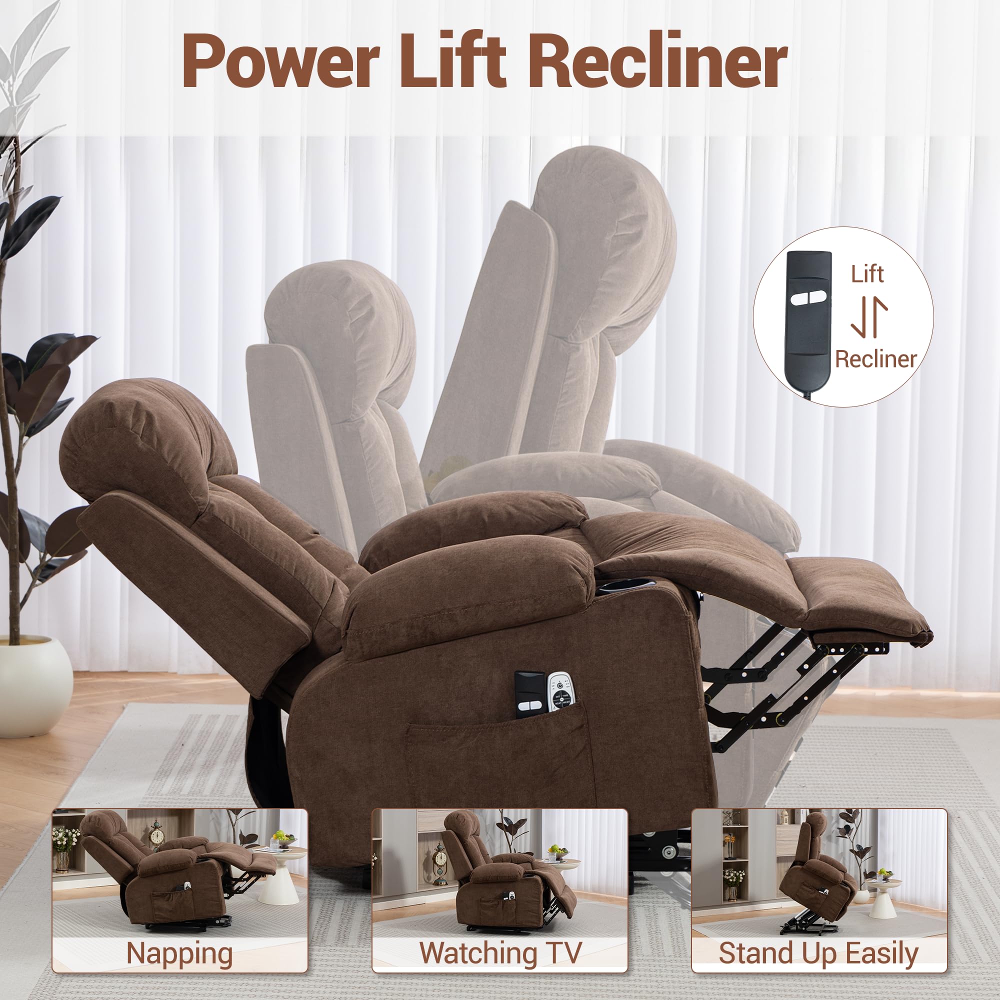 WENTUM Power Lift Recliner Chair for Elderly, Electric Lift Chair with 8 Vibration Massage and Heat, Soft Breathable Fabric, Cup Holders, Side Pockets, USB Charge Port for Living Room Bedroom, Brown