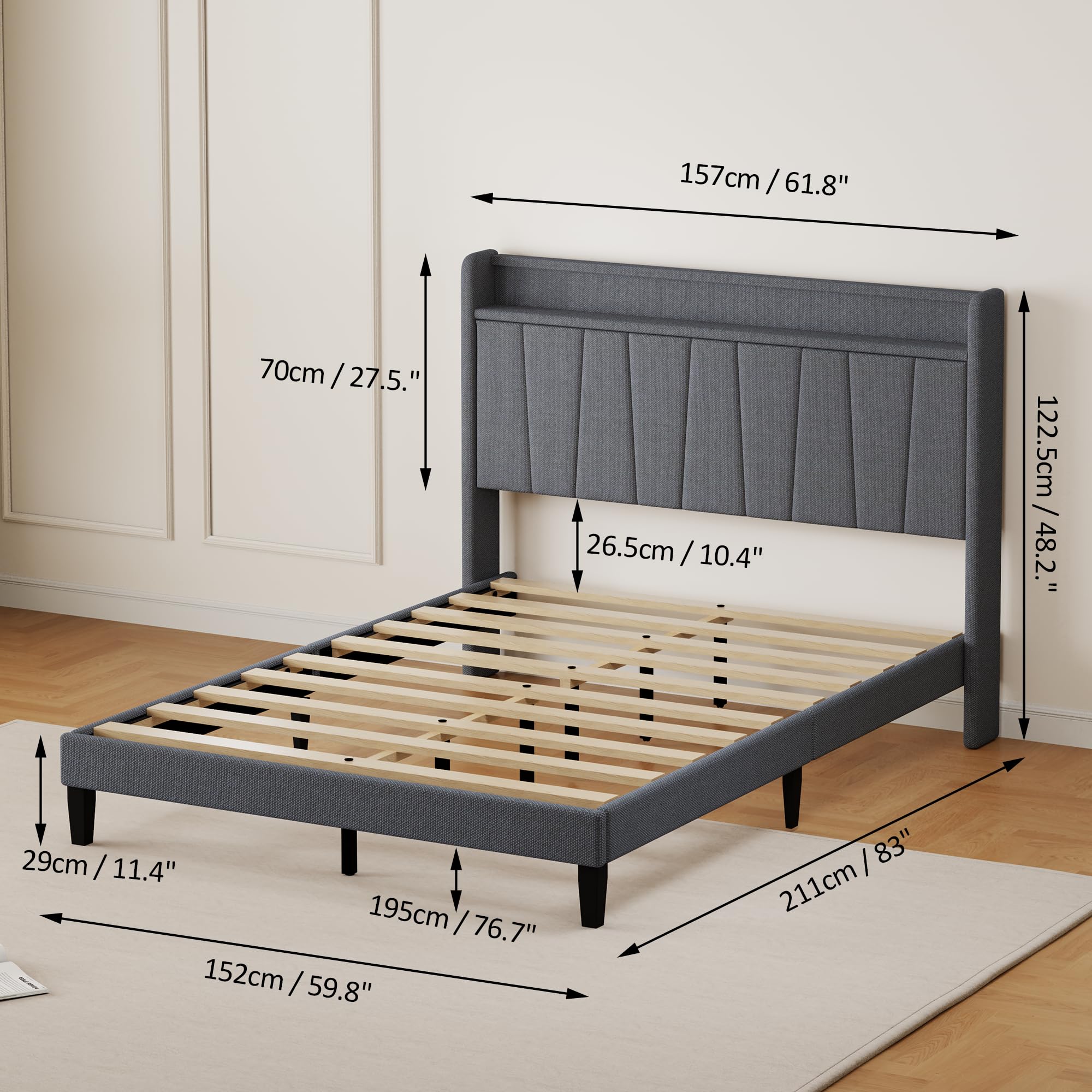 Pingliang Home Queen Size Bed Frame, Linen Upholstered Platform Bed with Storage Headboard, Strong Wooden Slats Support, No Box Spring Needed, Easy Assembly, Dark Grey