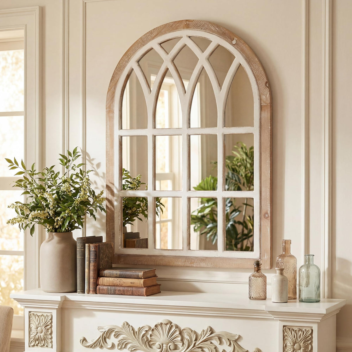 Runglecho Farmhouse Window Pane Mirror, Large Decorative White Wall Mirror for Living Room Kitchen Entryway, 24 L x 34,Brown