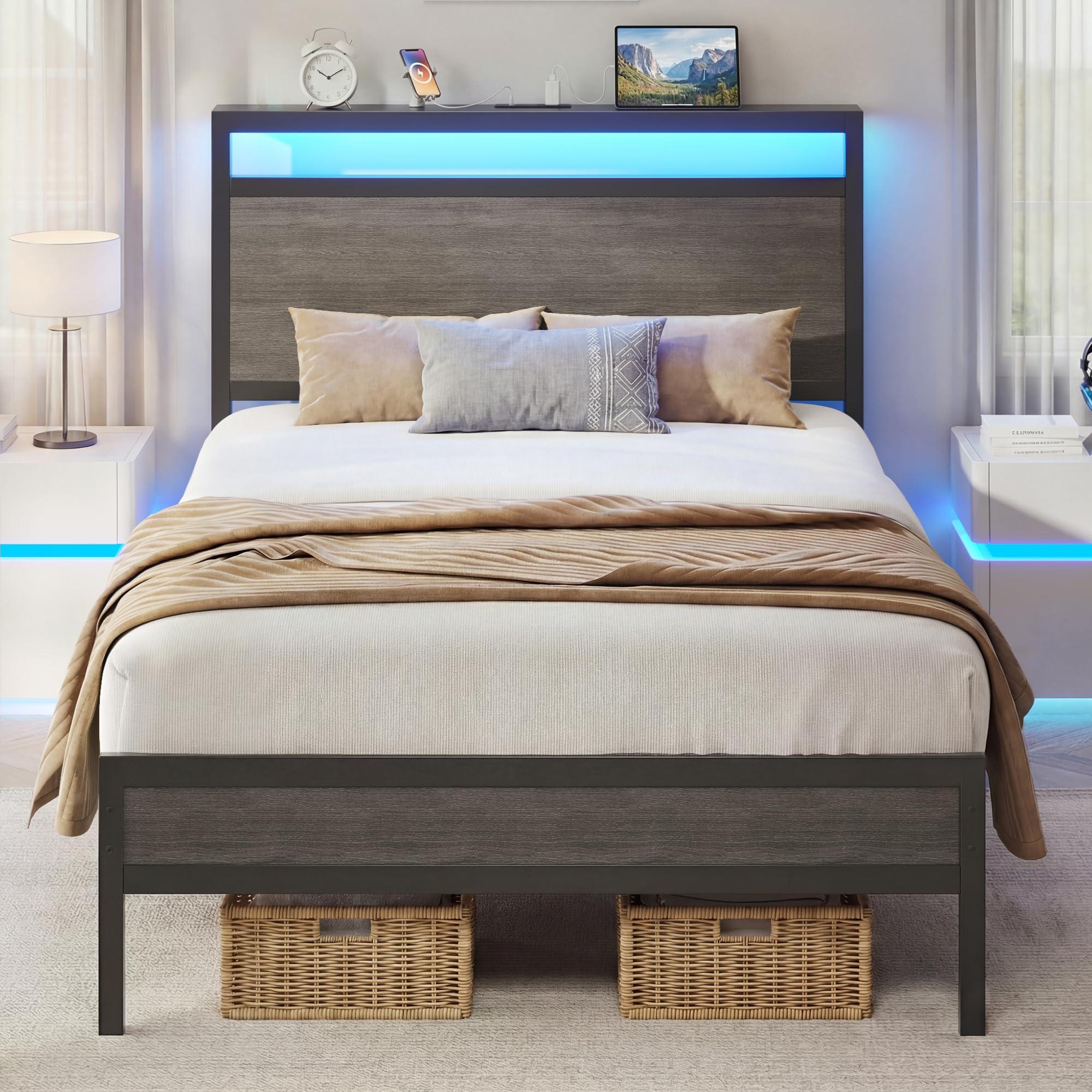 Fluest Twin Bed Frame with Headboard & Footboard, Twin Bed Frame with Charging Station & LED Light, Under-Bed-Storage, No Box Spring Needed, Noise Free, Easy Assembly, Rustic Grey
