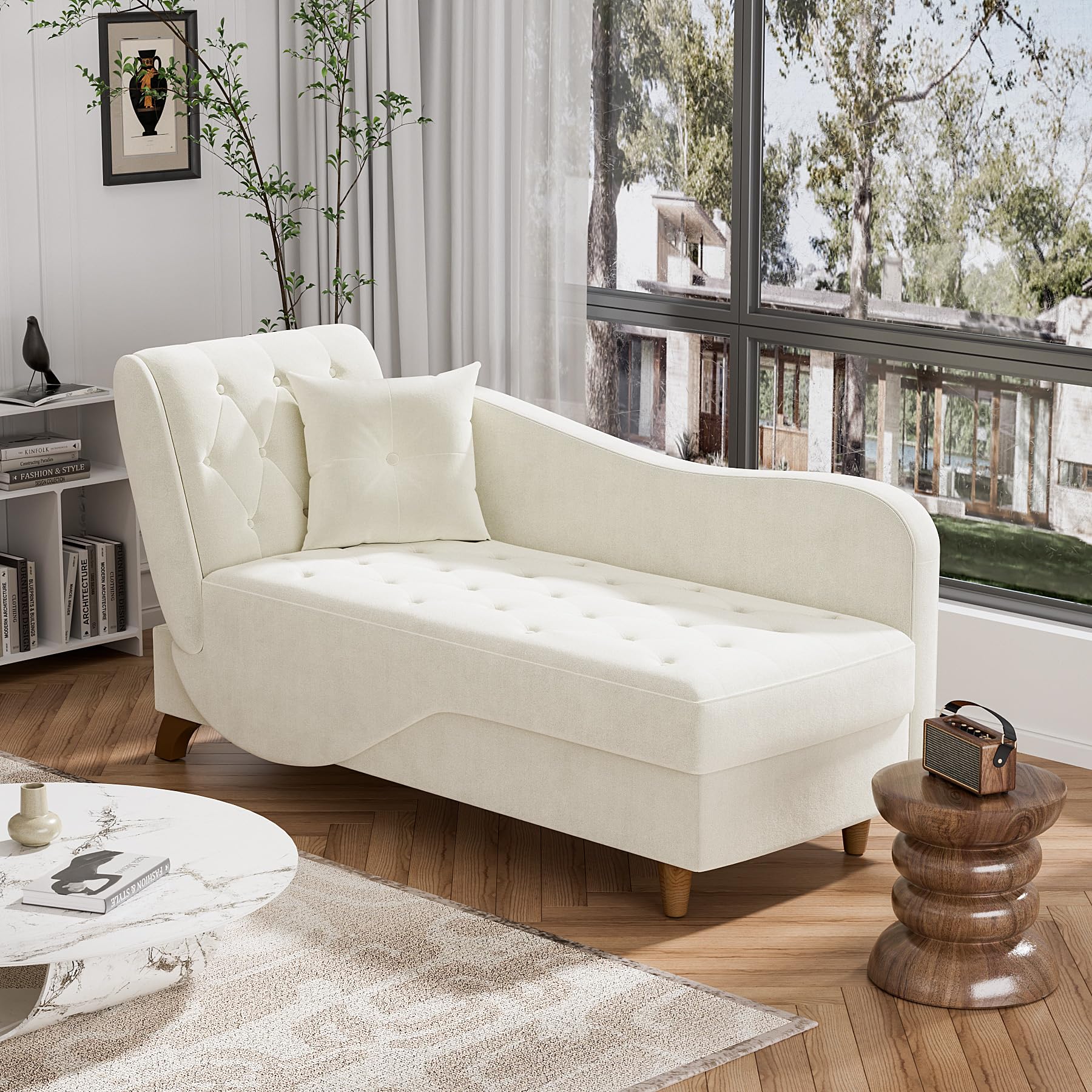 DAMAIFROM Chaise Lounge Chair Indoor with Storage, Adjustable Backrest Recling Reading Chair Sleeper Sofa Bed with Pillow, 3 in 1 Velvet Futon Lounge Chair for Living Room Bedroom, Beige White
