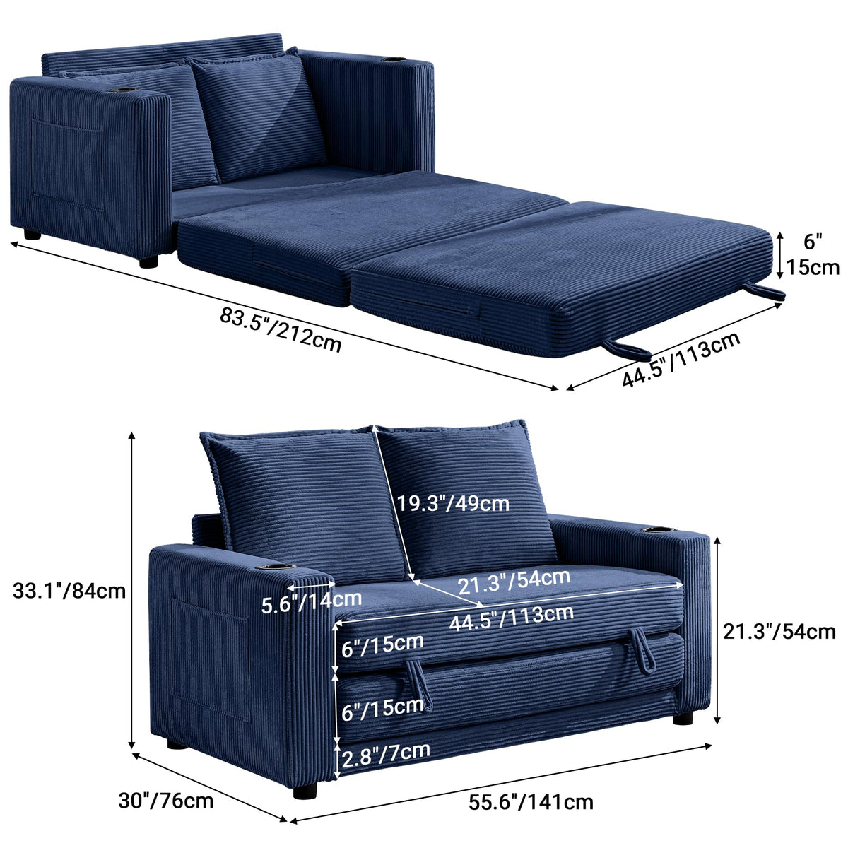 WODNITURE 55.6 in Convertible Sofa Bed, Corduroy Futon Couch, Blue