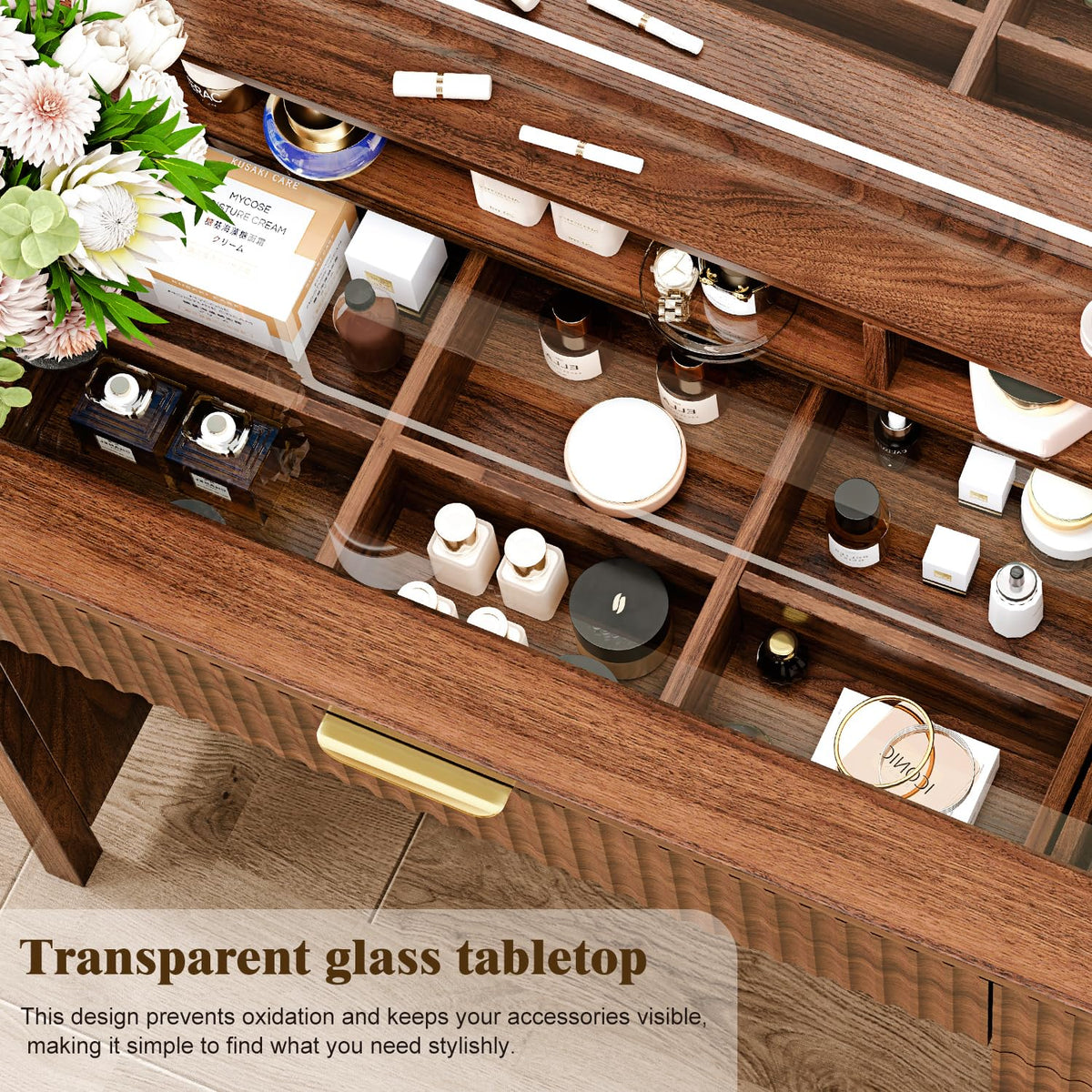 Chestnut Vanity Desk with Lighted Mirror