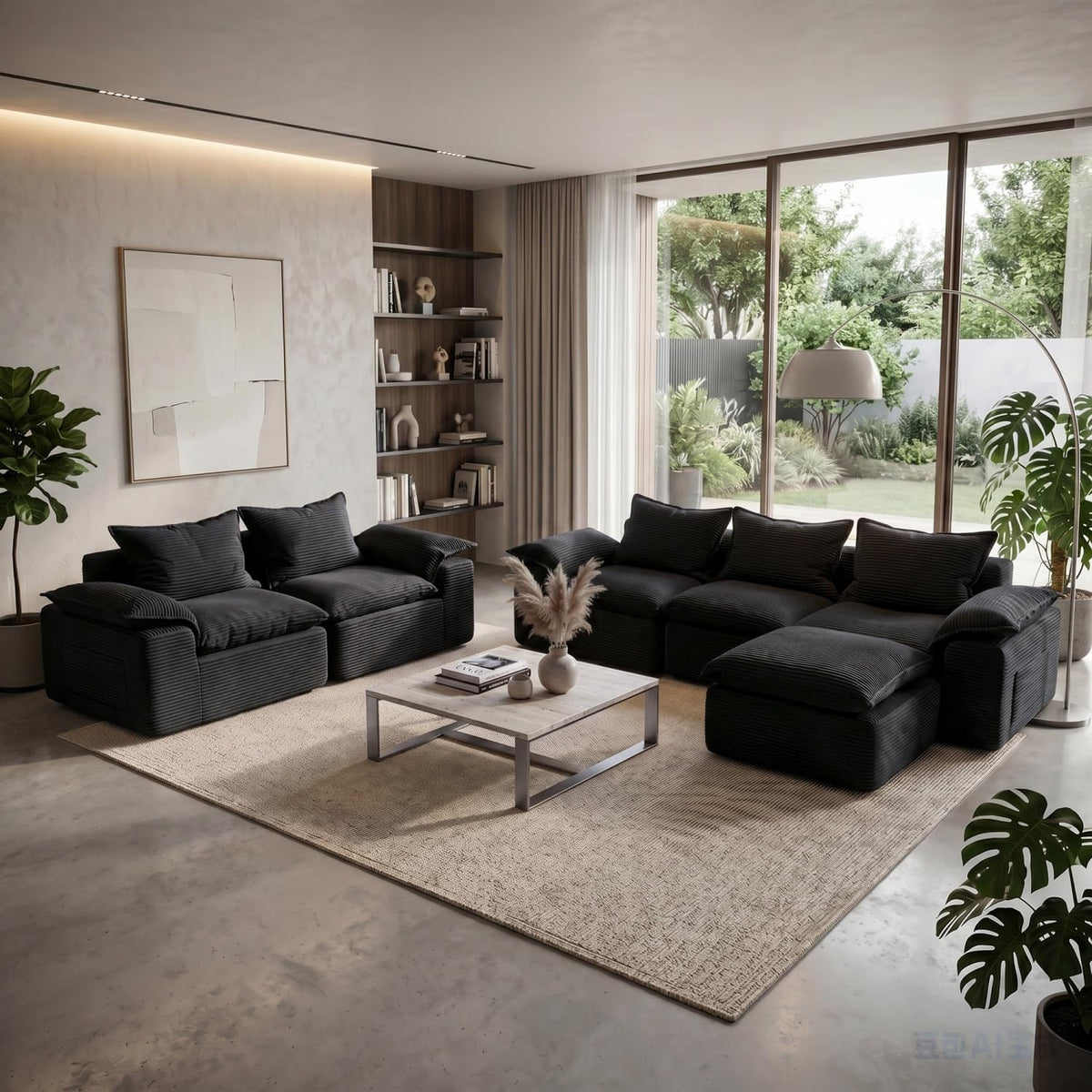 Black Corduroy Sectional Sofa Set