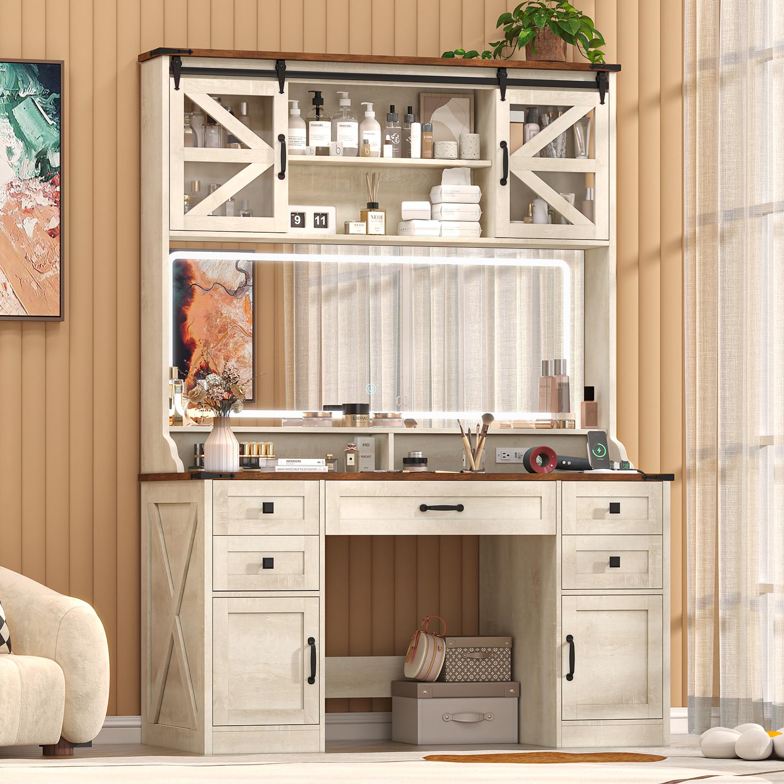CSZZD 75.2" Farmhouse Vanity Desk with Mirror and Lights, Makeup Vanity Table with 5 Drawers & 2 Sliding RGB Door & Power Outlet, 3 Color Lighting Modes, Big Vanity for Bedroom, Antique White
