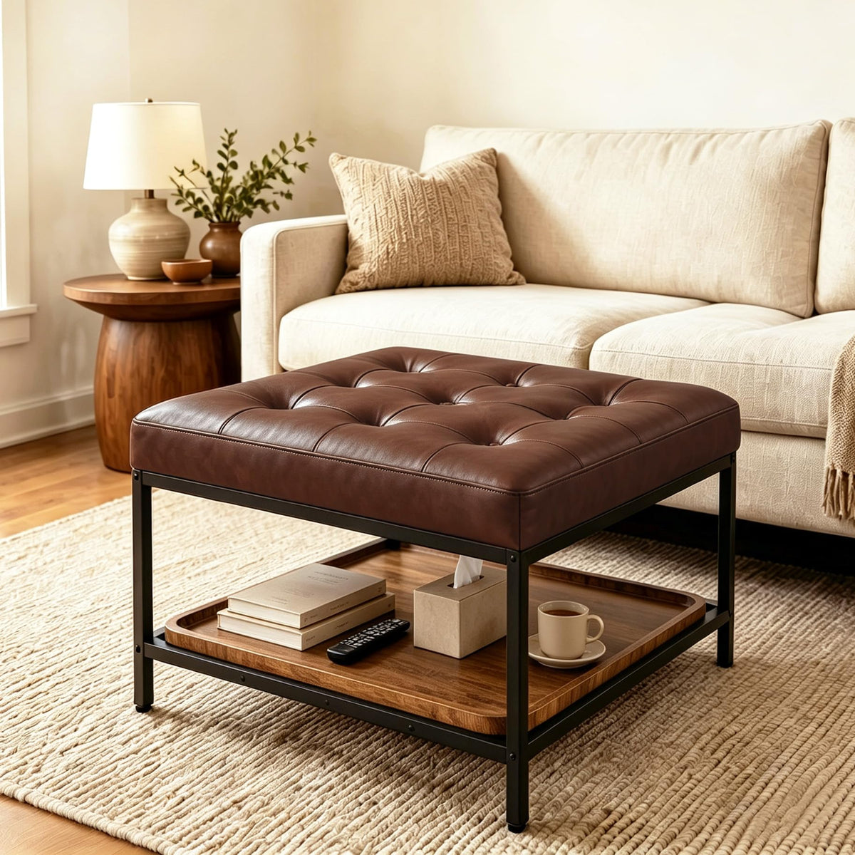 Domviss Square Ottoman Coffee Table with Storage Bench, Brown Faux Leather