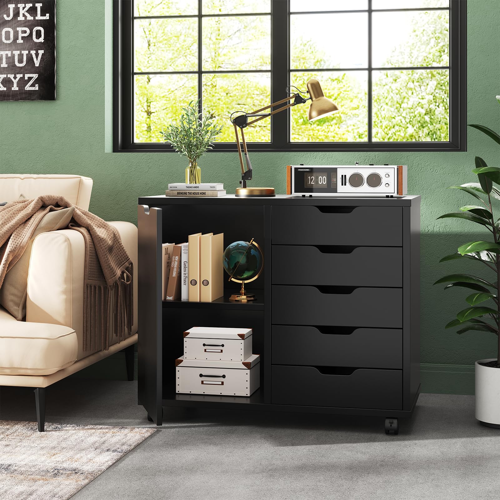 5-Drawer Rolling File Cabinet with Shelves & Door