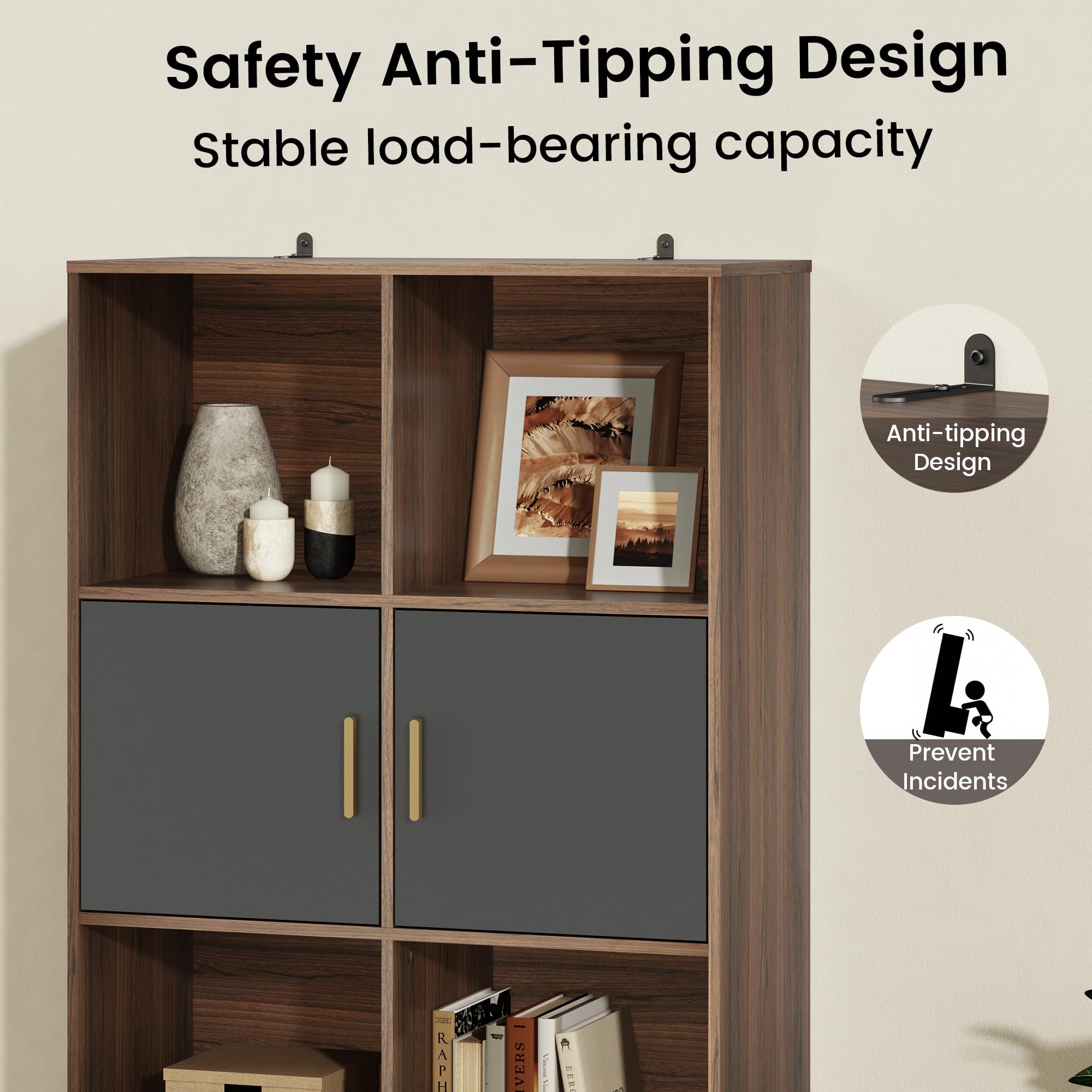 74.6" Tall Bookcase with 3 Drawers & Doors, Wood Bookshelf with Open Cubes & Adjustable Shelves, Fits A4 Hanging Files, Modern Free-Standing Bookcase for Home Office, Living Room, Study, Black Walnut