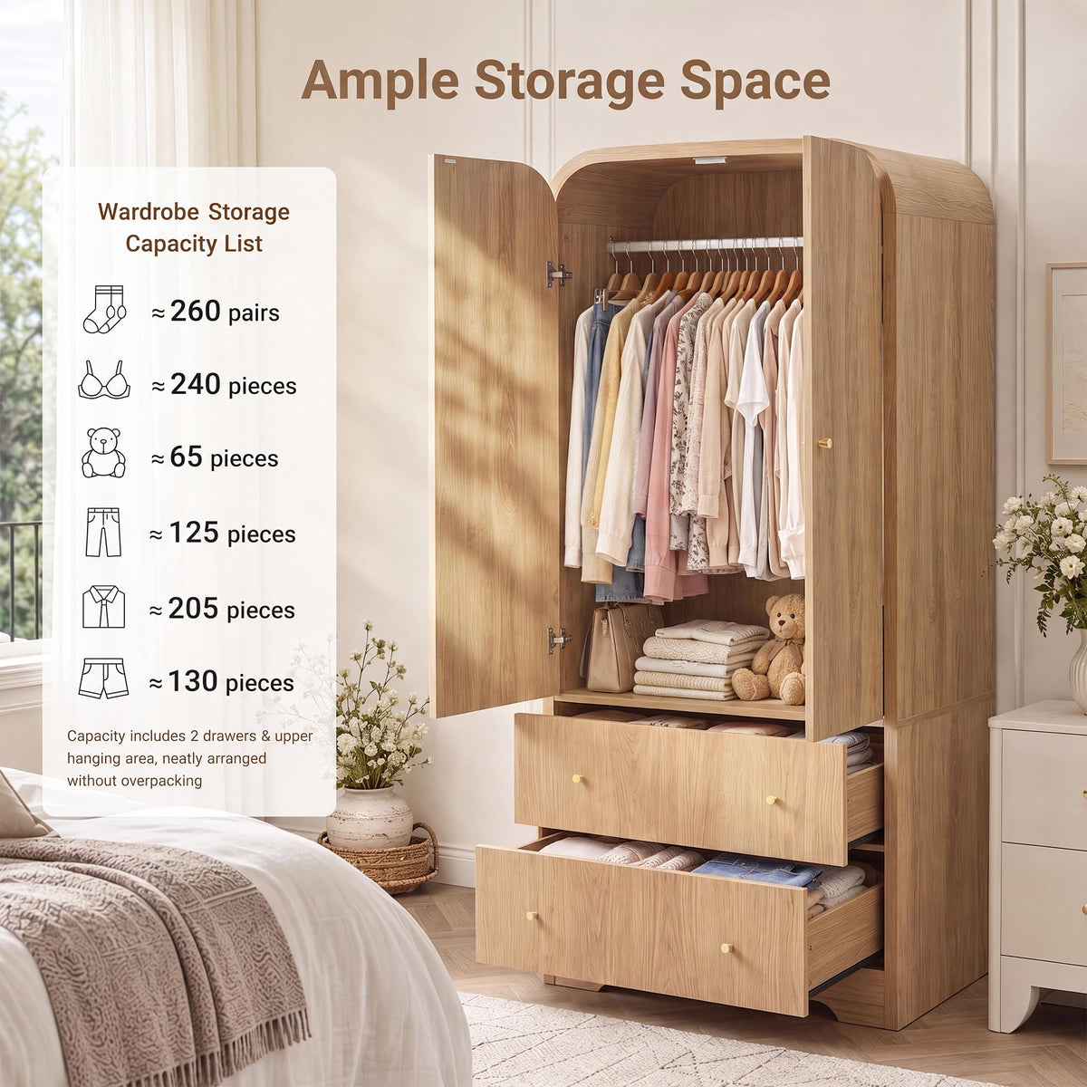 Seang Arched Armoire Wardrobe Closet,70" Wooden Wardrobe Cabinet with 2 Drawers,Hanging Rod,2 Doors Clothing Storage Cabinet for Bedroom,Gym,Cloak Room,Natural