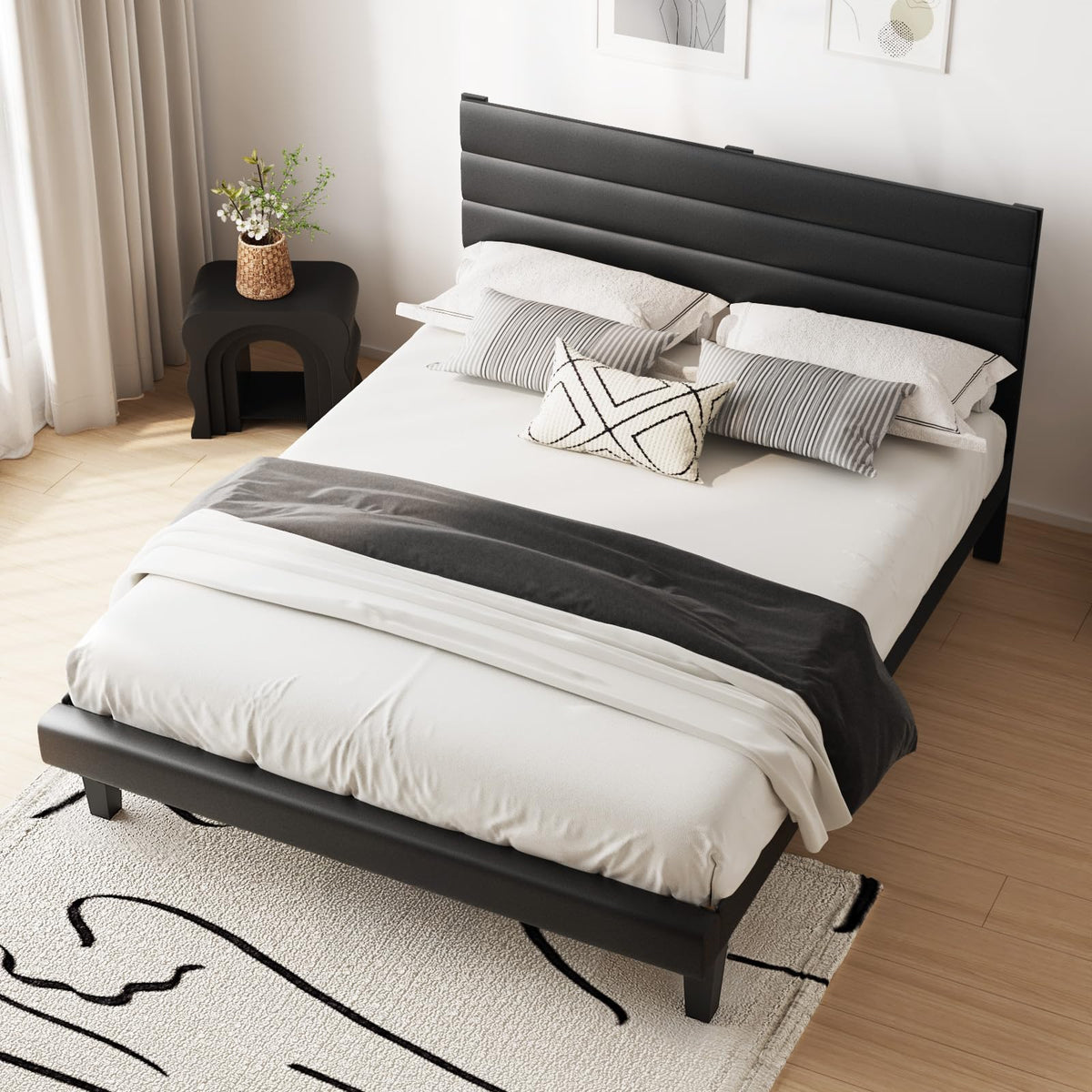VINGLI Upholstered Bed Frame Queen, Faux Leather Platform Bed with Adjustable Headboard, Wood Mattress Foundation with Heavy Duty Slats Support,Luxury Modern,No Box Spring Needed, Black