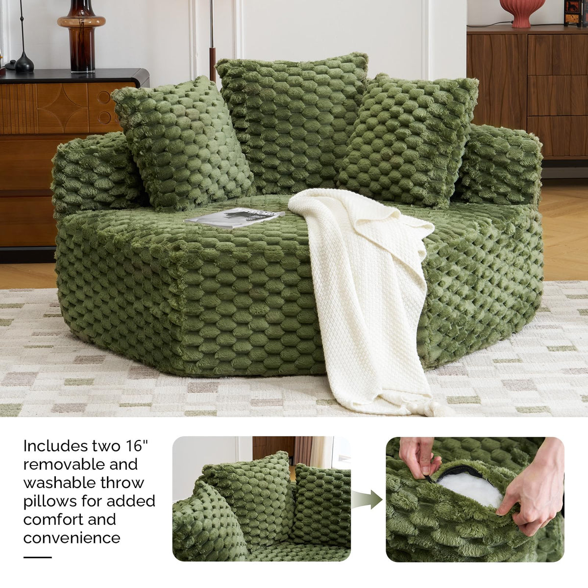 VINGLI Hexagon Boneless Chair, Modern Modular Chaise Lounge Sofa Bed, Corner Chair with Pillows, Plush Corduroy Upholstered Lazy Sofa for Living Room, Bedroom, Apartment, No Assembly Required