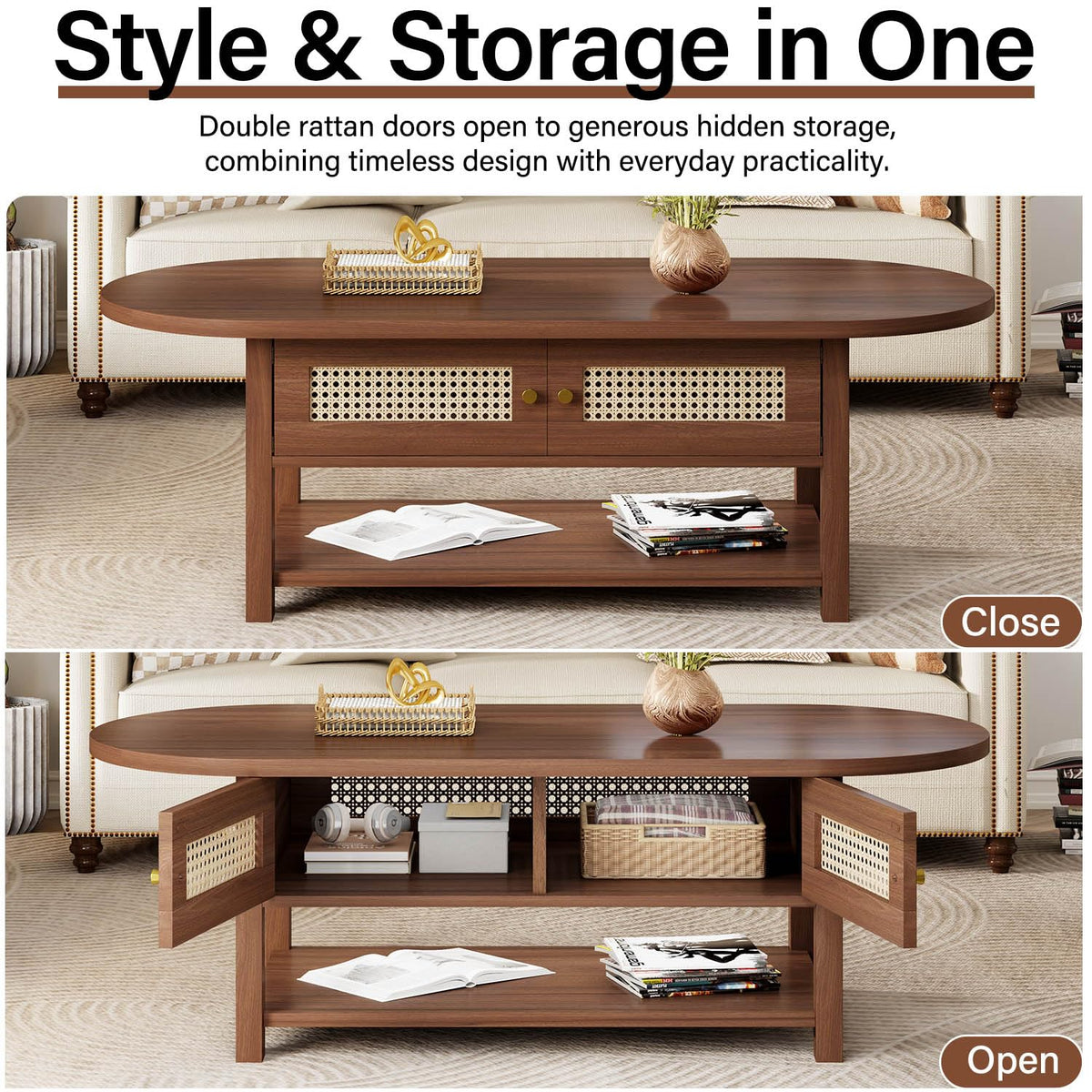LVB Oval Coffee Table, 47" Rattan Boho Wood Living Room Table with Storage
