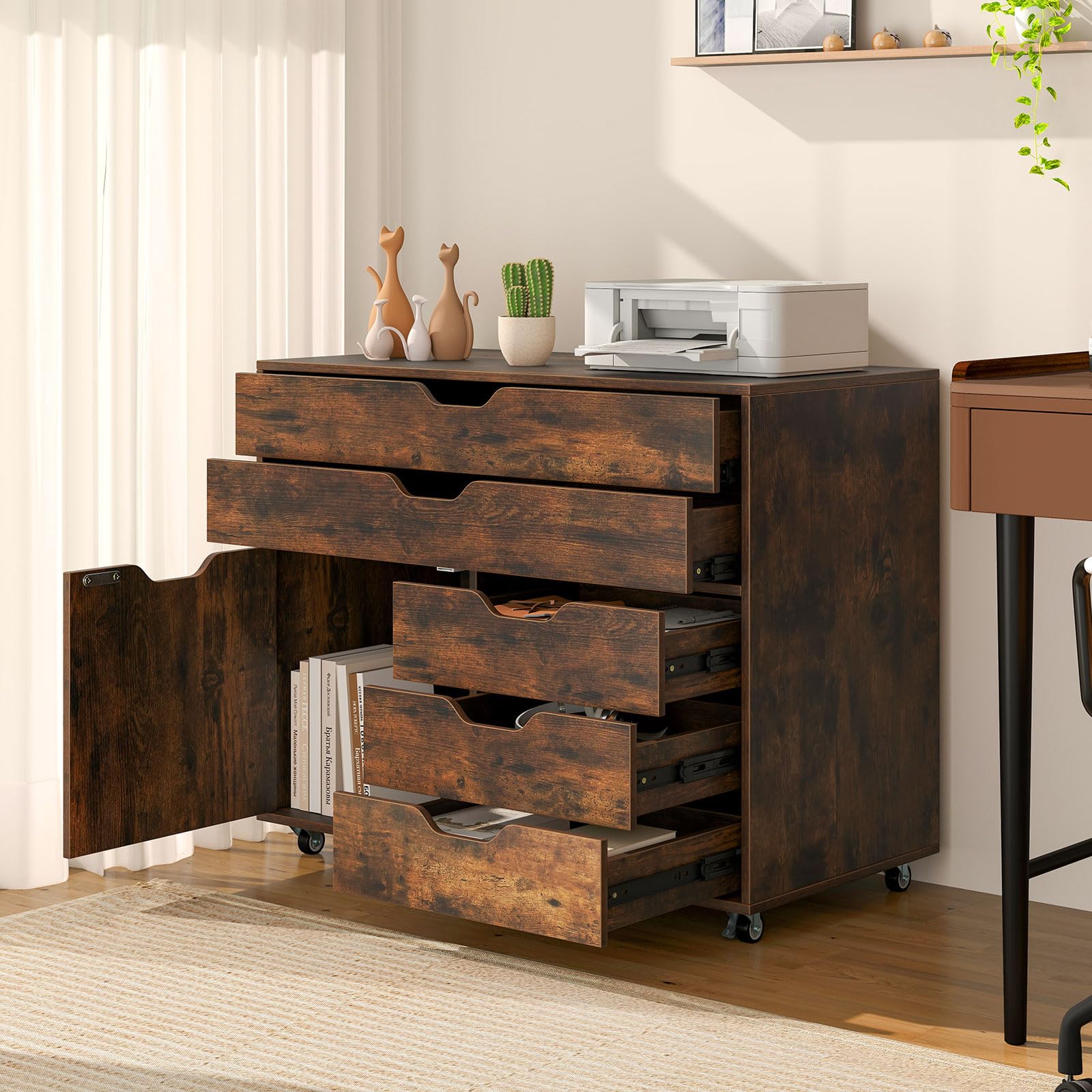 Rolling File Cabinet with 5 Drawers & Side Cabinet