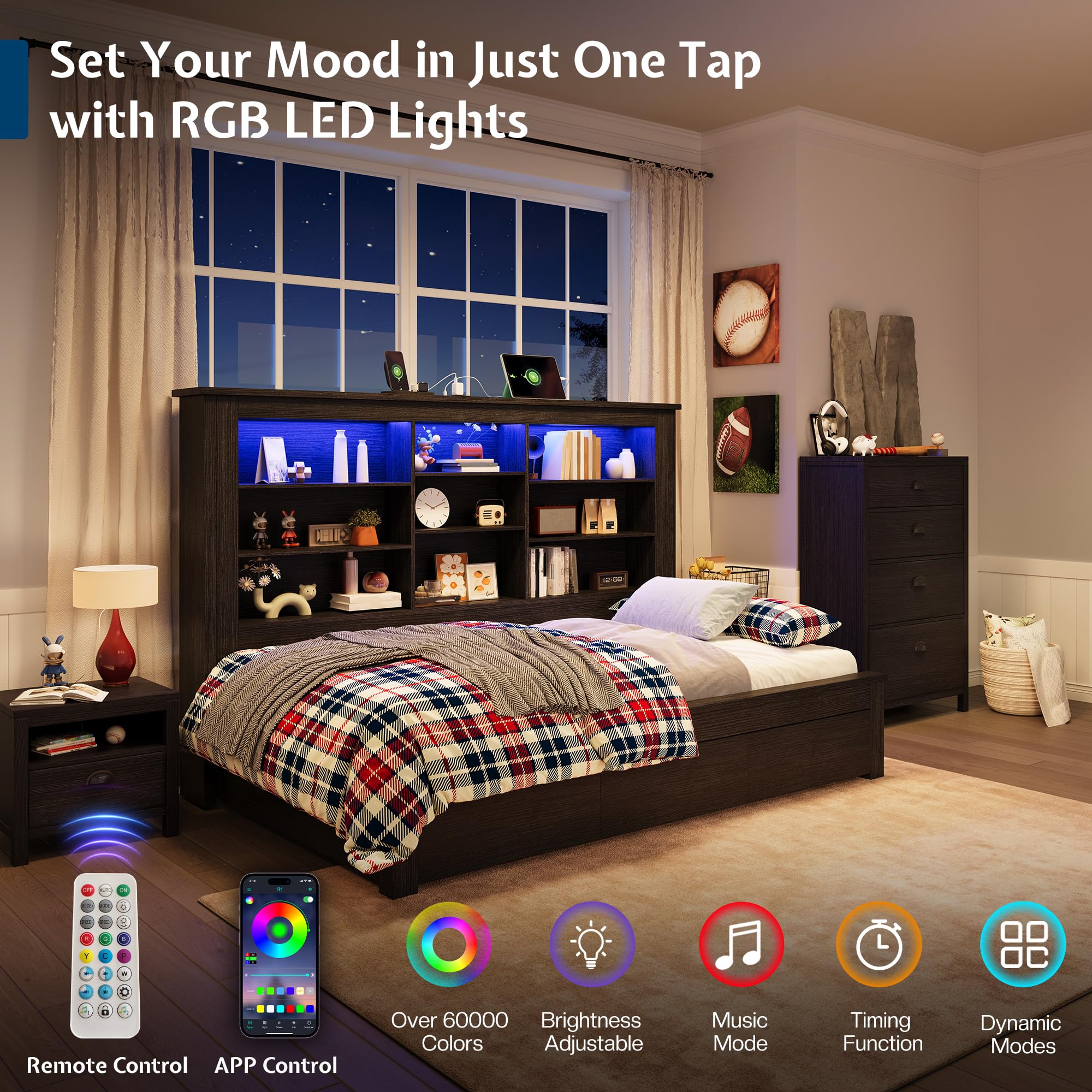 Jocisland Twin Bed Frame with Storage Drawers, Bookcase Headboard, USB Charging, RGB Lights, Farmhouse Wood Daybed, No Box Spring Needed, Black