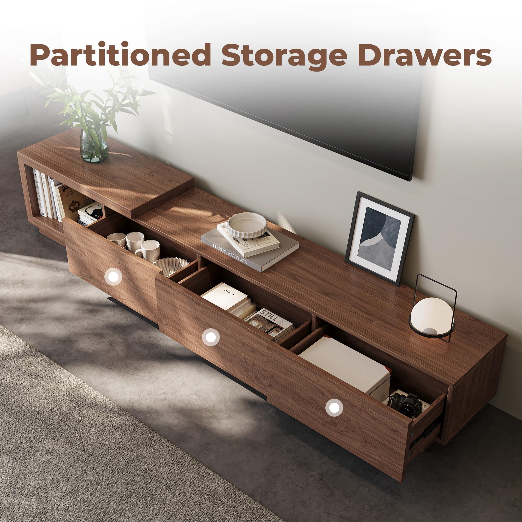 Extendable TV Stand for 65-100 Inches TVs – Walnut Entertainment Console with 3 Drawers & 1 Storage Compartment, Adjustable Length 68.5''-98.4'' (Walnut, 68.5''-98.4'')