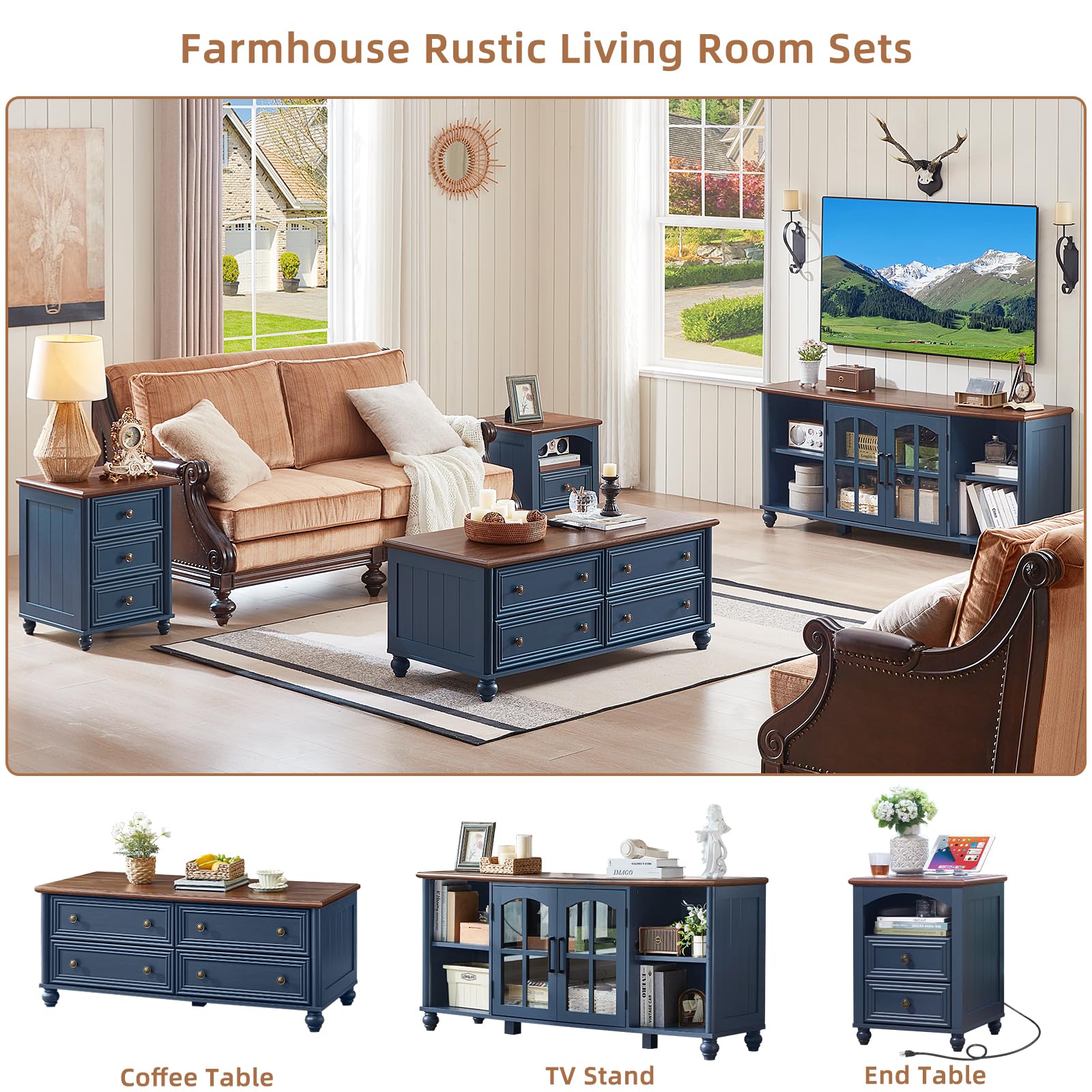 RWYHG Farmhouse TV Stand for 60 Inch TV, Wood Entertainment Center with Adjustable Shelves & Glass Door Storage Cabinet,Television Stands for 65" TVS,TV Console Table for Living Room,Bedroom,Navy Blue