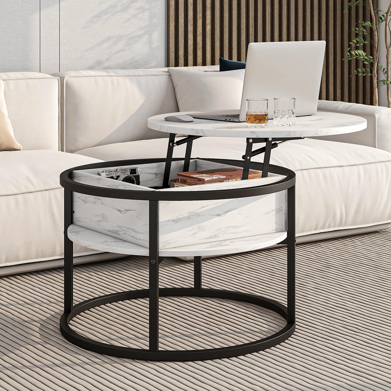 HOJINLINERO Round Coffee Table with Storage, Lift Top Coffee Table with Hidden Compartment, Farmhouse Juxing Design for Living Room, 2-Tier Small Round Dining Center, White