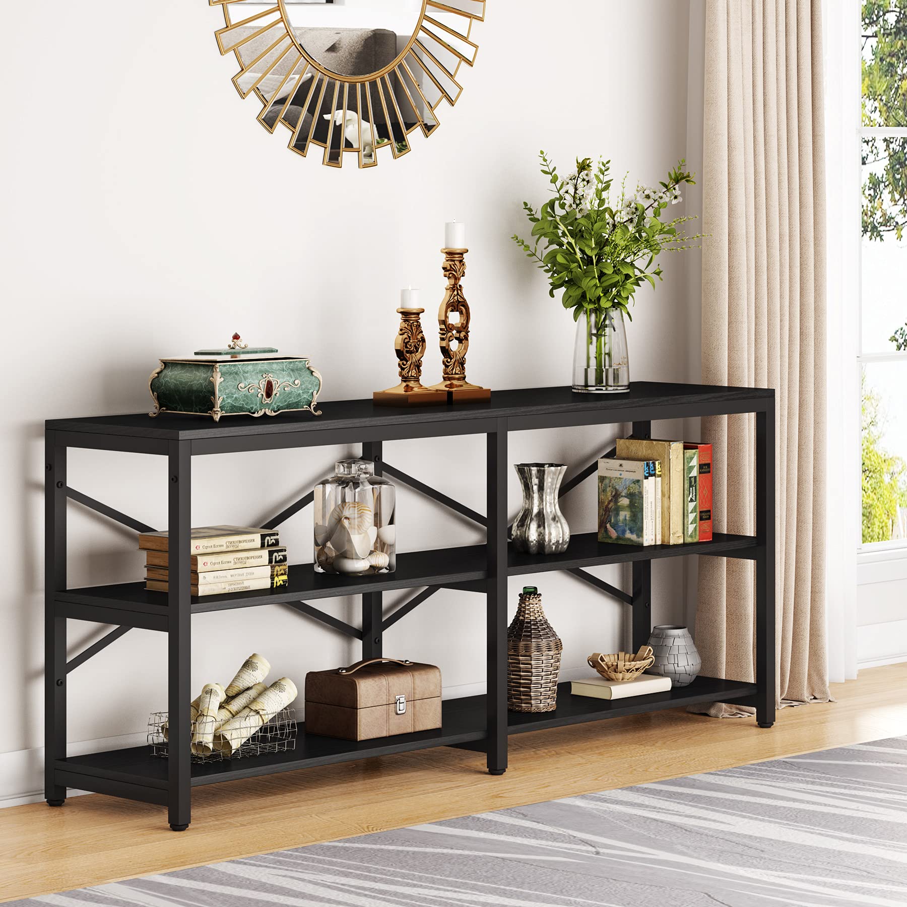 Tribesigns 70.9 Inch Extra Long Console Table, Modern Sofa Table Behind Couch Table with Storage Shelves, 3-Tier Industrial Hallway Entryway Table for Living Room, 3 Shelf Bookshelf(Black)