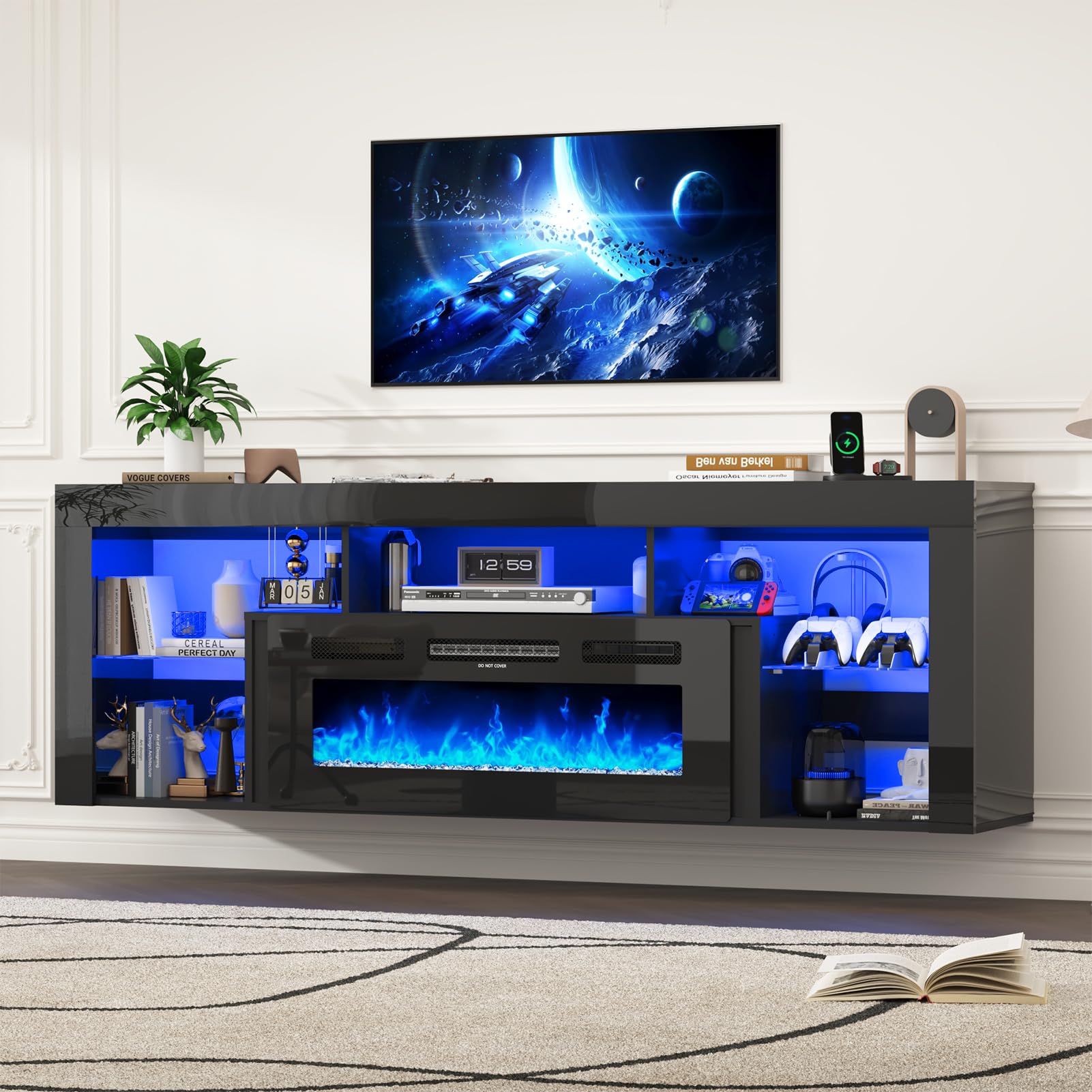 jiteentarou 71" Floating Fireplace TV Stand for up to 85" TVs, Modern High Gloss Entertainment Center w/40 Electric Fireplace, Charging Station&LED Lights, Fireplace TV Media Console w/Storage, Black
