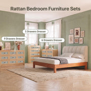 Seang Rattan 9 Drawer Dresser for Bedroom,55" Boho Chest of Drawers with Curved Profile Design,Wooden Dresser with Storage for Bedroom,Living Room,Natural