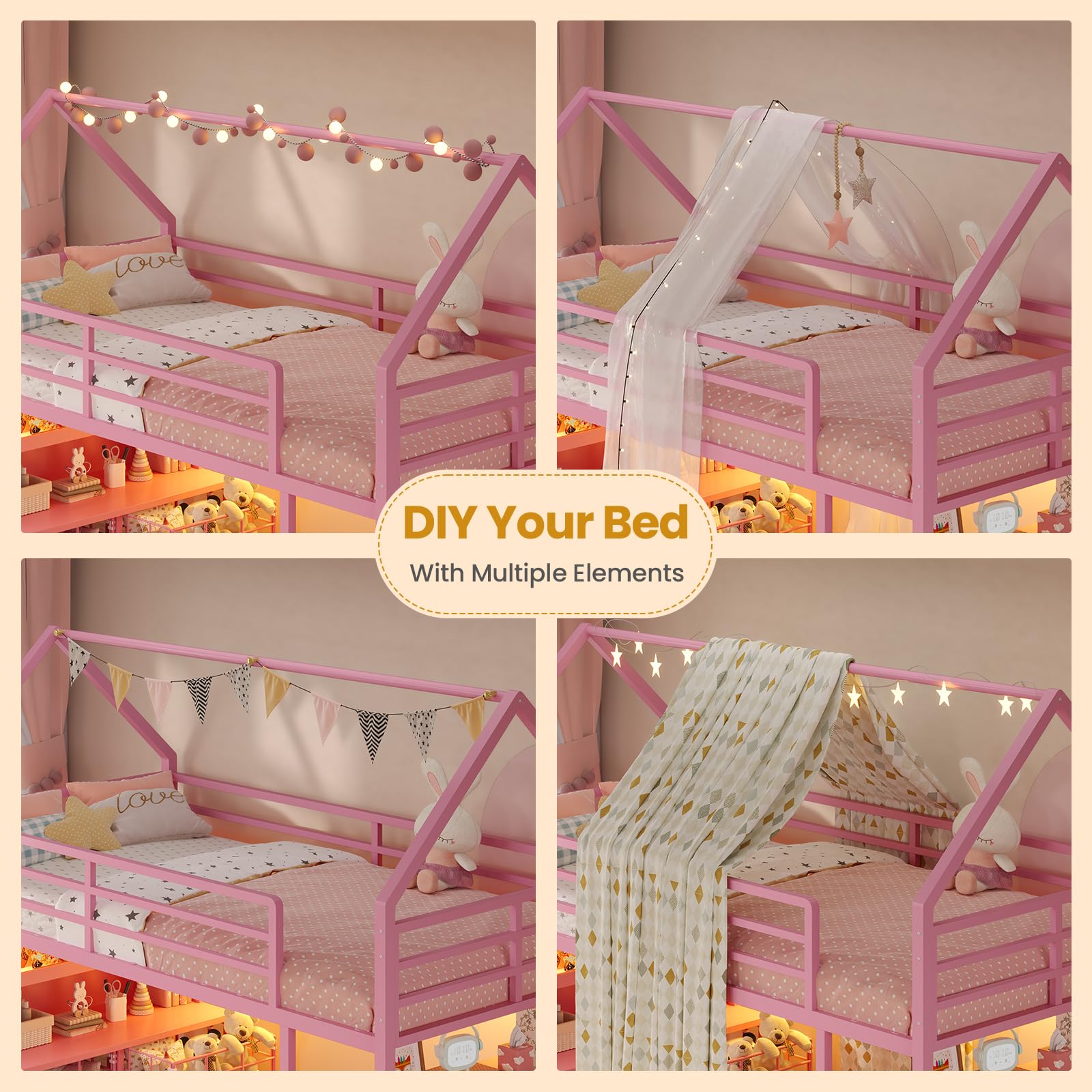 Twin Kids Loft Bed with Storage & LED Lights
