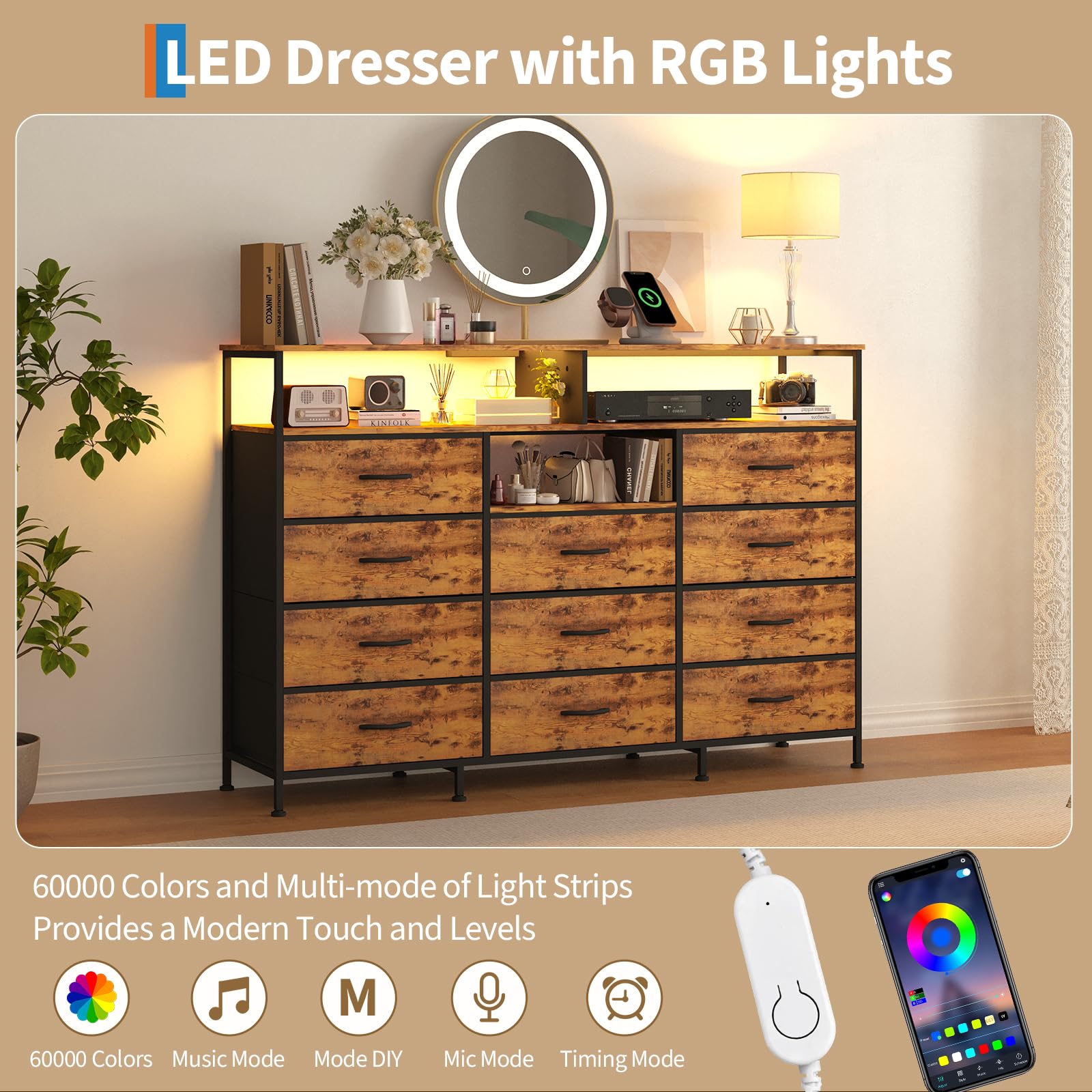 Dresser for Bedroom with LED Lights & Charging Station, 11 Drawer Dressers & Chests of Drawers, Steel Frame, Wood Top, 55 ” Fabric Dresser TV Stand for Bedroom,Hallway, Storage Organization, Entryway