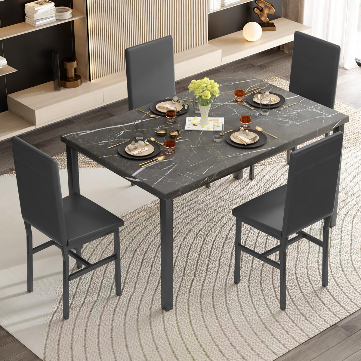 AWQM Dining Table Set for 4, Modern Faux Marble Dining Table Set with 4 Upholstered PU Leather Chairs,Dining Room Table Set for Kitchen, Breakfast Nook, Dining Room, Black