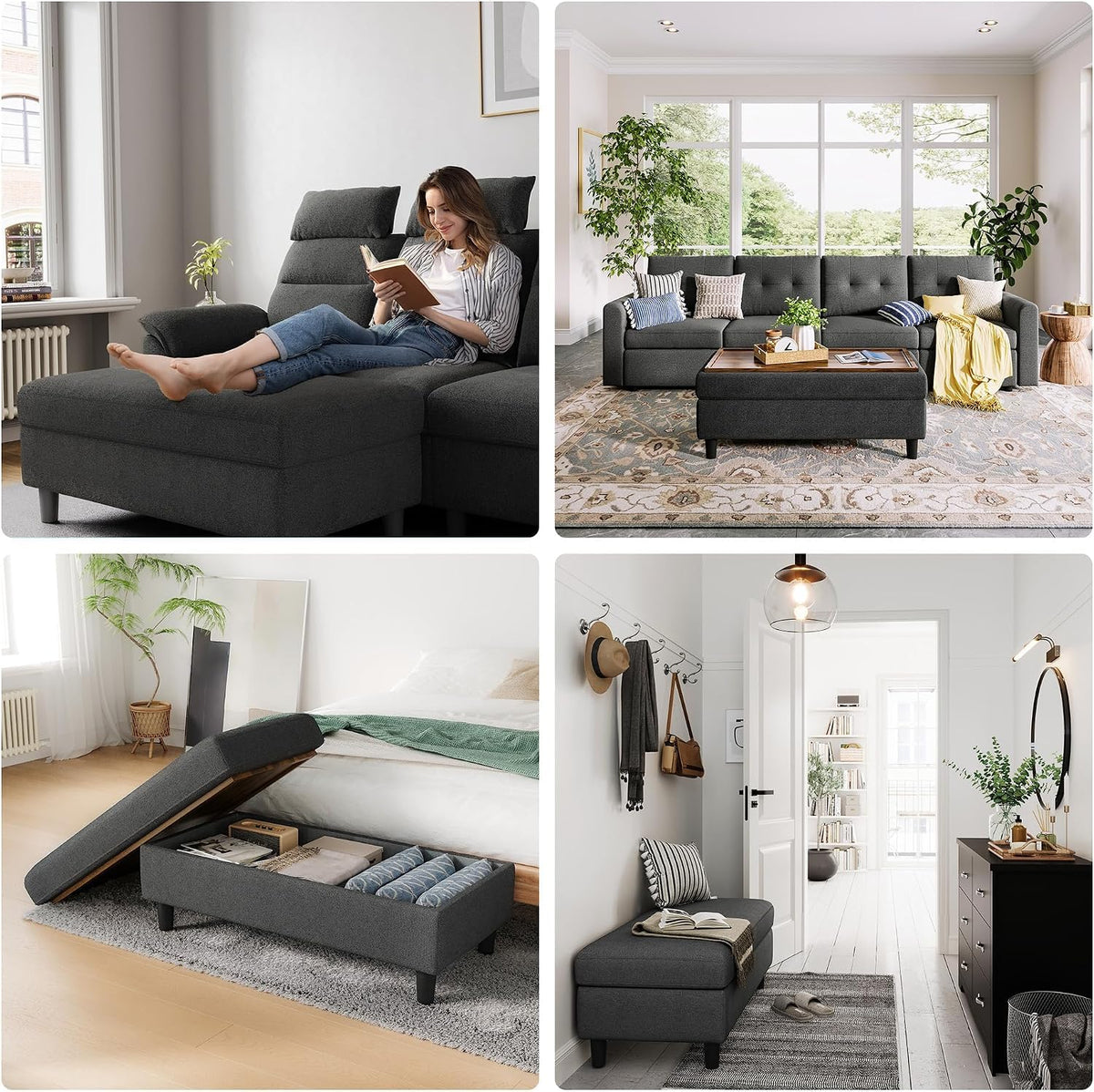 LINSY HOME 46 Inches Wide Storage Ottoman Bench, Linen Coffee Table Long Shoes Bench Footstool, Storage Chest, Foot Rest Stool, for The Living Room, Entryway and Family Room (Dark Gray)