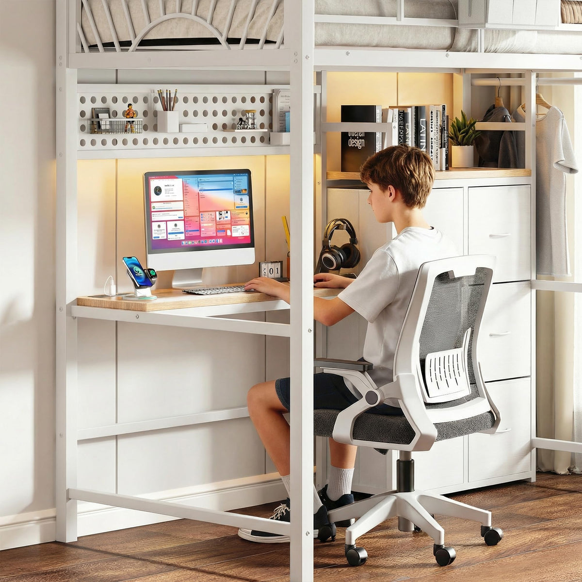 White Twin Loft Bed with Desk & Storage