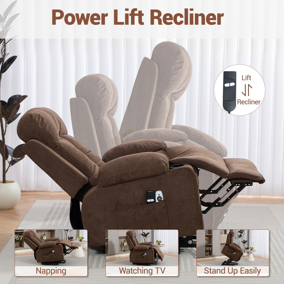 WENTUM Power Lift Recliner Chair for Elderly, Electric Lift Chair with 8 Vibration Massage and Heat, Soft Breathable Fabric, Side Pockets, USB Charge Port for Living Room,Bedroom, Brown